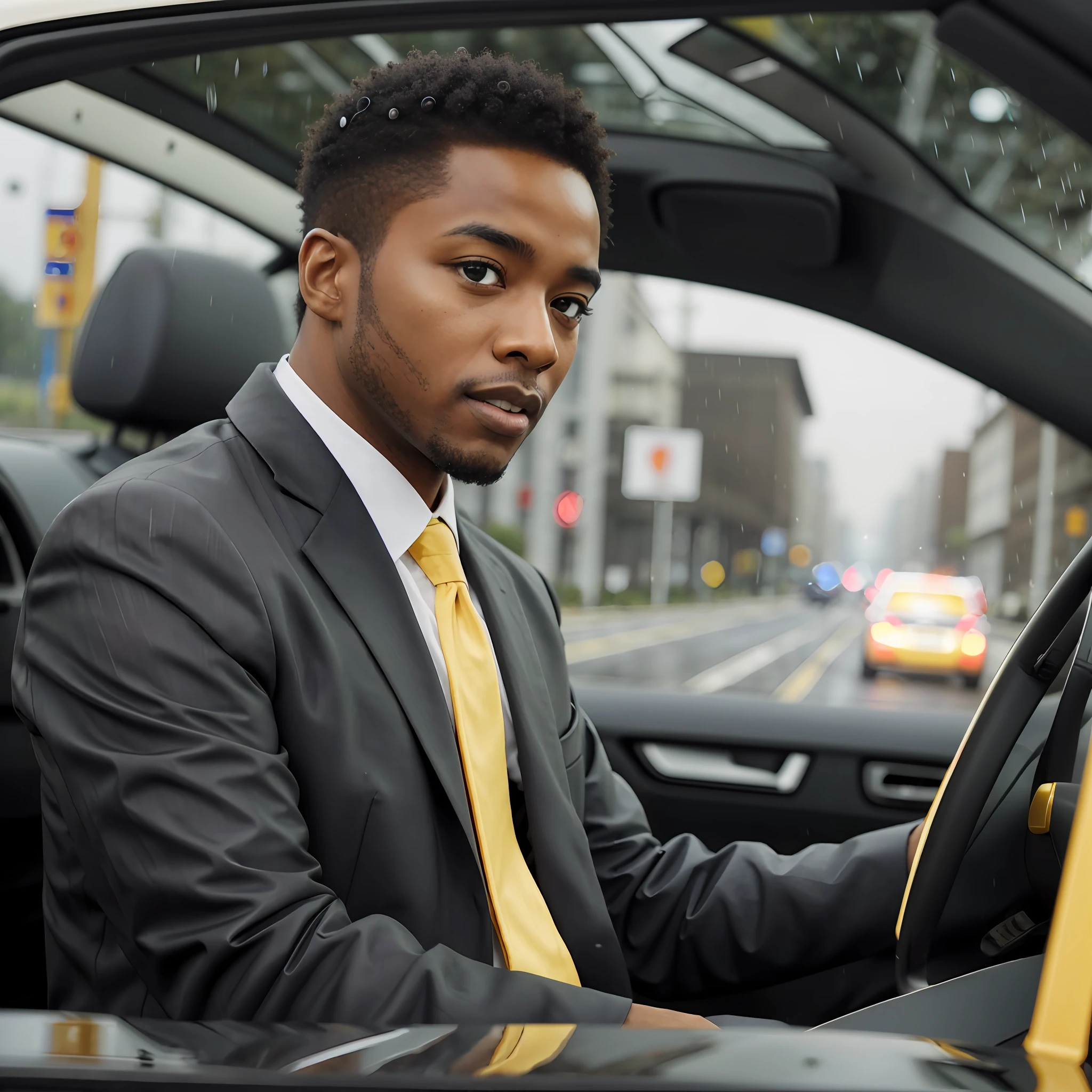 Only 1 black man driving looking in the rearview mirror wearing lead suit and a yellow tie, with a road background on rainy day, realistic image. --auto --s2