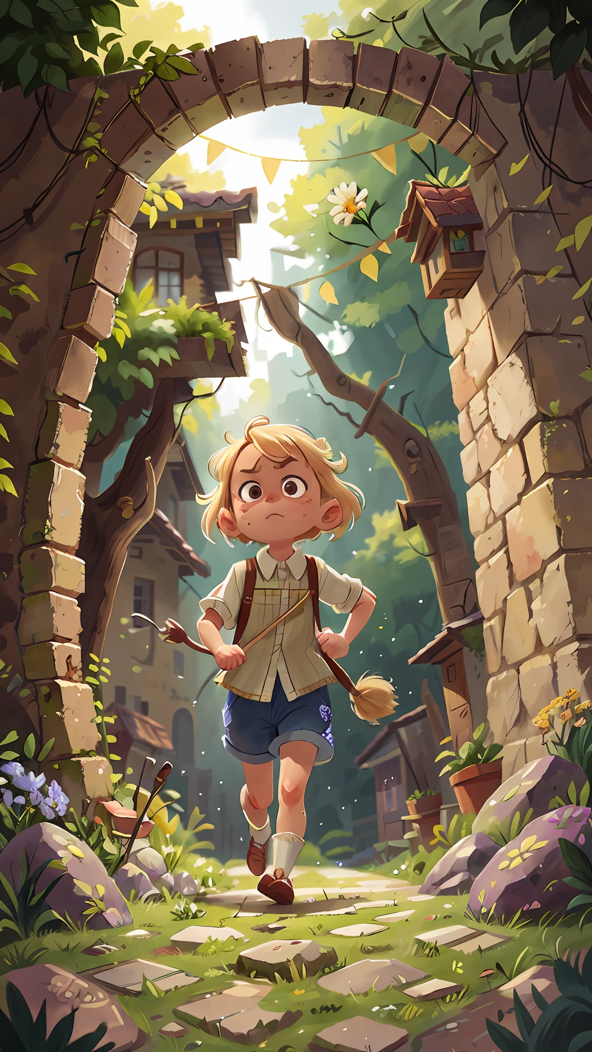 Watercolour. Blonde girl, serious, scared, running in fear, wearing gardener and white blouse, view from back, full body, the background is a dungeon of an ancient castle, all stone, dark, perfect quality, (mess-house: 0.8), (masterpiece: 1.2) (Realistic: 1.2) (Bokeh) (Best quality) (Detailed Skin: 1.3) (Intricate Details) (8K) (Detail Eyes) (Sharp Focus), (Unhappy)