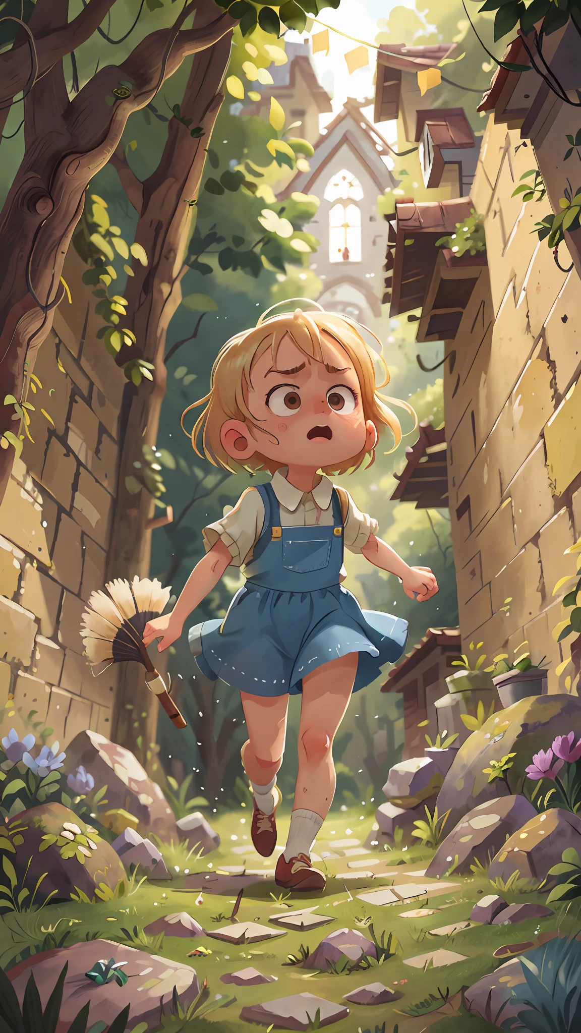 Watercolour. Blonde girl, serious, scared, running in fear, wearing gardener and white blouse, view from back, full body, the background is a dungeon of an ancient castle, all stone, dark, perfect quality, (mess-house: 0.8), (masterpiece: 1.2) (Realistic: 1.2) (Bokeh) (Best quality) (Detailed Skin: 1.3) (Intricate Details) (8K) (Detail Eyes) (Sharp Focus), (Unhappy)