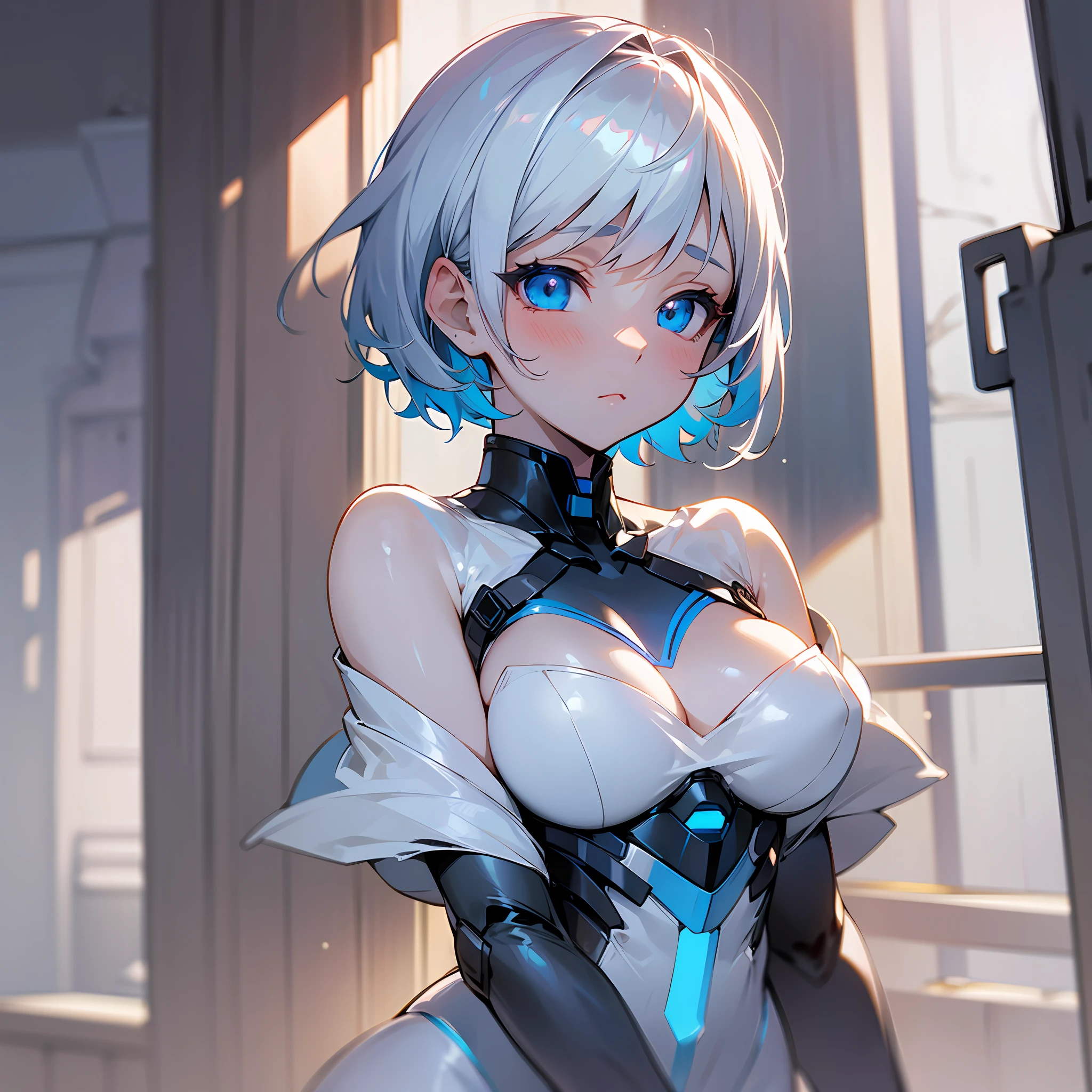 white skin, ultra beautiful face, breasts, breasts covering, hentai, ambient light, hentai pessonage, anime, short haired girl, silver white, blue eyes, gorgeous eyes, shy. , Maximum quality. --auto --s2