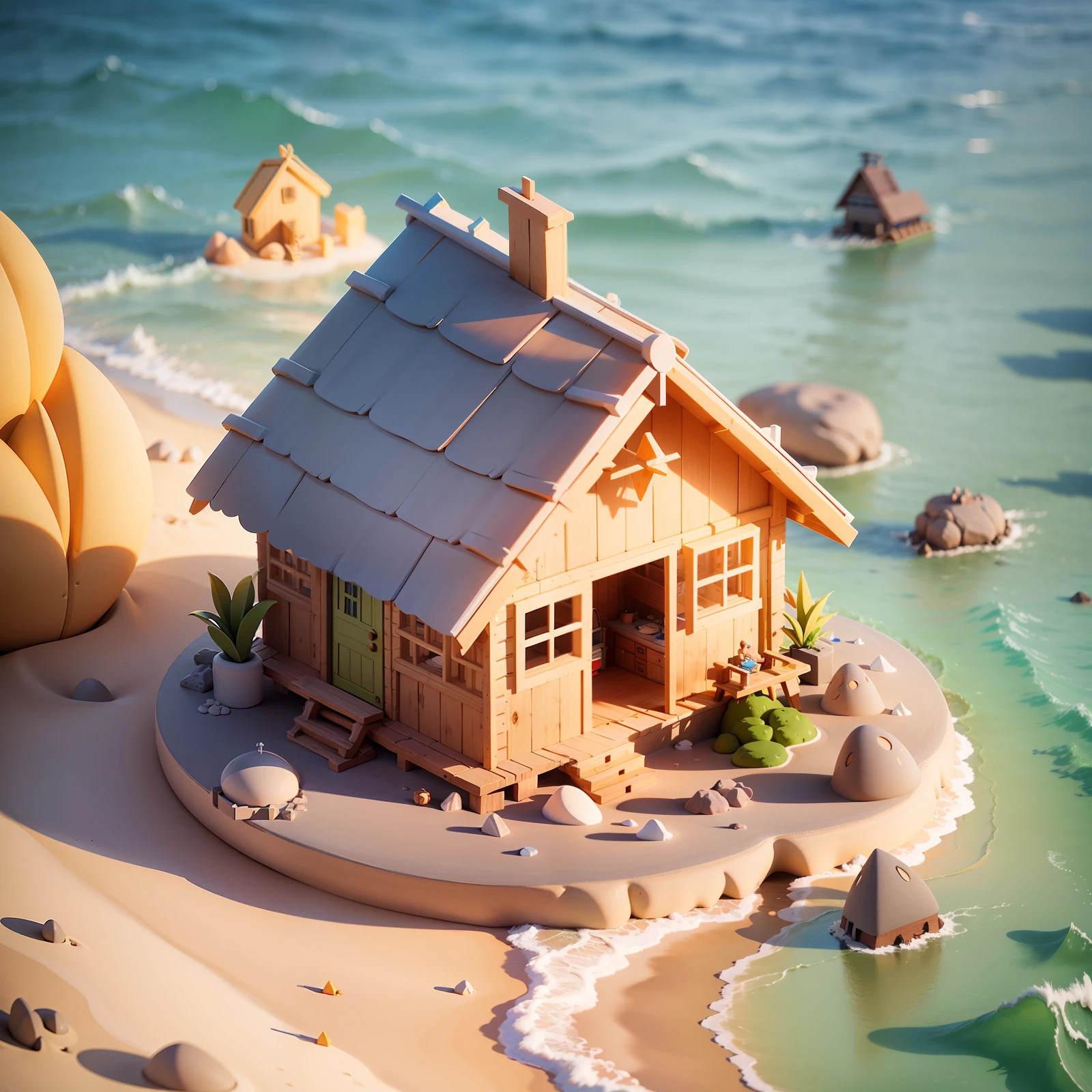 isometric view of a tiny hut on the beach, modern architecture, cute 3d clay, detailed, photographed by aksonvady, gold studio, shallow depth of field, studio lighting, octane render, hyper-realistic, anti-aliasing, high quality, reflections, 4k