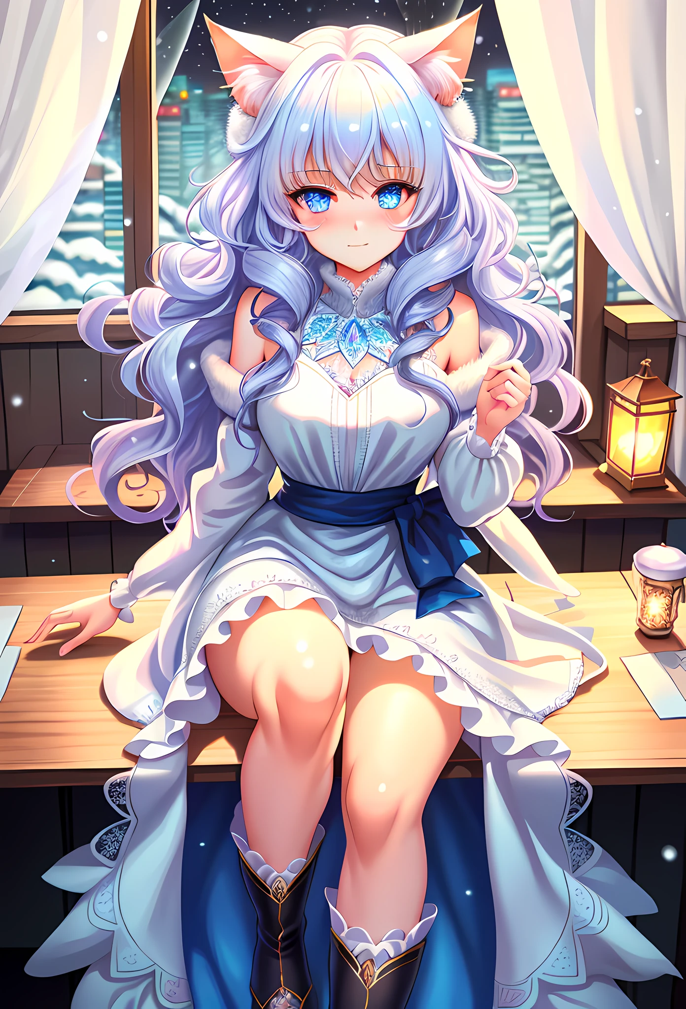 {Sunaookami Shiroko:1.4} {{{{masterpiece, extremely detailed, intricate details, soft focus, 8K, highres, depth of field, absurdres, high quality facial shadowing, dynamic shadowing, extreme shaders, cinematic lighting, perfect lighting, soft lighting, hazy lighting, blurry foreground, lens flare}}}}, best quality, asian qualities, {facing viewer}, {front view}, {solo}, {beautiful young girl:1.3}, {{high school girl}}, {{{extremely detailed girl, perfect anatomy, perfect body}}}, {{{{beautiful-detailed luscious knee-length glossy reflective dark-silver hair}}}}, {{{luscious multi-layered curly hair}}}, {{{hair splayed out}}}, {{{{beautiful-detailed cat ears}}}}, {{beautiful-detailed facial structure}}, {detailed beautiful face:1.3}, {{sexy face}}, {{cute face}}, slender facial structure {{detailed face:1.33}}, {beautiful-detailed eyes:0.7}, big eyes, {detailed bright blue eyes1.33}, {{{{high-detailed glowing blue topaz eyes}}}}, {extremely-detailed sharp cat eye white pupils}, {vibrant eye colors:0.7}, {beautiful-detailed small boobs}, {breast apart}, {slim arms}, {beautiful-detailed fingers:1.33}, {{slim waist}}, {slim thighs:1.33}, {slim legs1.2}, {{{beautiful-detailed delicate legs}}}, {{detailed red blush}}, {{beautiful-detailed cute shy expression}}, casual winter outfit, {{{{beautiful-detailed cute white choker}}}}, {{{beautiful-detailed pure white off-shoulder knitted cashmere fur jacket}}}, {{{beautiful-detailed white blouse}}}, {{{beautiful-detailed thick fluffy white winter mini-skirt dress}}}, {{{detailed black waist length stockings}}}, {{{beautiful-detailed thick fluffy white winter boots}}}, winter night, {enhanced-background:3}, {{{detailed background}}}, {{{{sitting at a cafe next to a window with snow falling and Christmas lights shining at night, people walking past the window wearing winter clothes}}}}, {close up of person:2}, {one hand behind back:2}, {hand resting on lap:1.33}