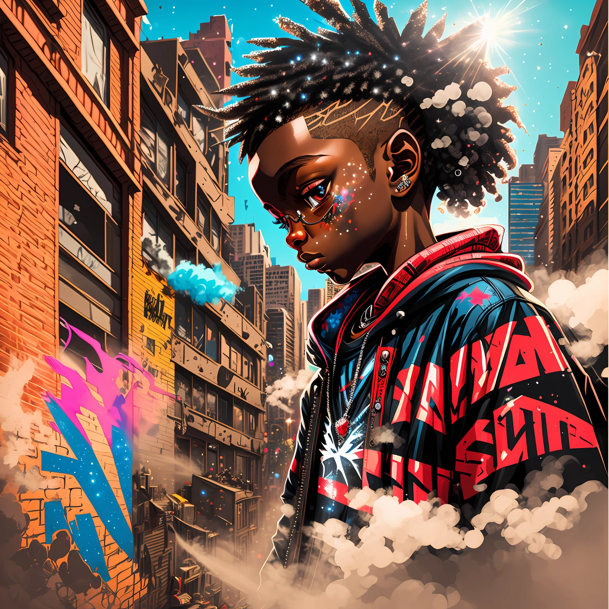 hip hop, Miles Morales, street, slum, spray can, Graffiti, smoke and dust, sparkles, divine rays --auto --s2