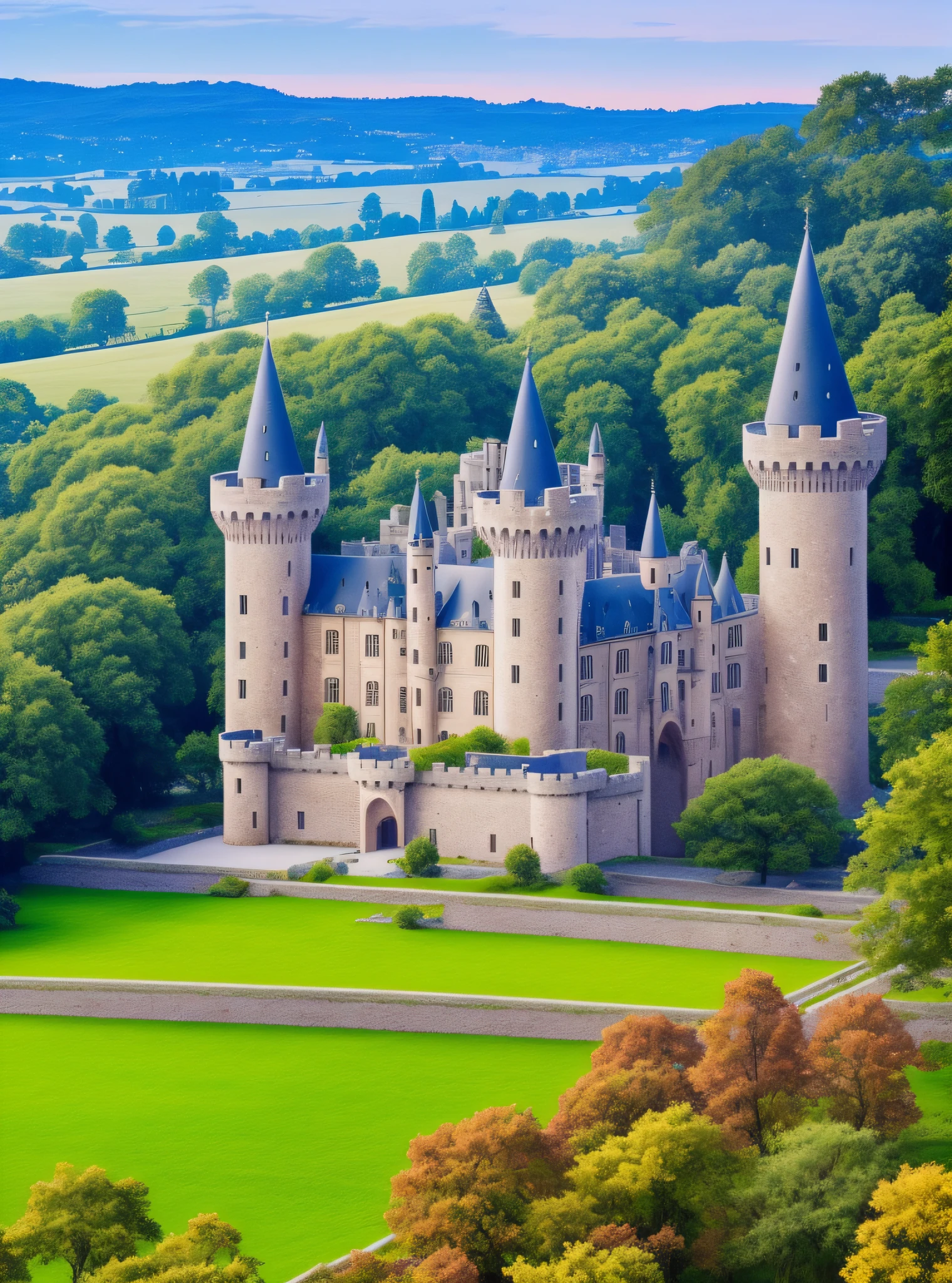 Capture the awe-inspiring grandeur of a majestic medieval castle standing tall amidst a lush countryside. The castle, built with intricate stonework and fortified walls, exudes an air of history and strength. Every intricate detail, from the delicate carvings on the entrance gate to the towering turrets adorned with weathered flags, should be rendered with hyper-realistic precision. The image should be in stunning high-definition (8K), allowing viewers to appreciate the minute textures and architectural nuances. The composition should emphasize the castle's imposing presence, while the surrounding landscape of rolling hills and a winding river adds depth and beauty to the scene. Natural lighting, with a warm golden hour glow, should cast soft shadows and bring out the castle's enchanting features. It's essential to convey the sense of timelessness and evoke the spirit of medieval times through this exquisitely detailed photograph. Camera Setup: Full-frame DSLR with a high-resolution sensor (e.g., Nikon D850 or Canon EOS 5DS R). Lens: Wide-angle lens (e.g., 24-70mm f/2.8) to capture the expansive castle and its surroundings. Settings: Aperture priority mode (e.g., f/8) for maximum depth of field, ISO 100 for optimal image quality, and a tripod to ensure stability for long exposure if needed. --auto --s2