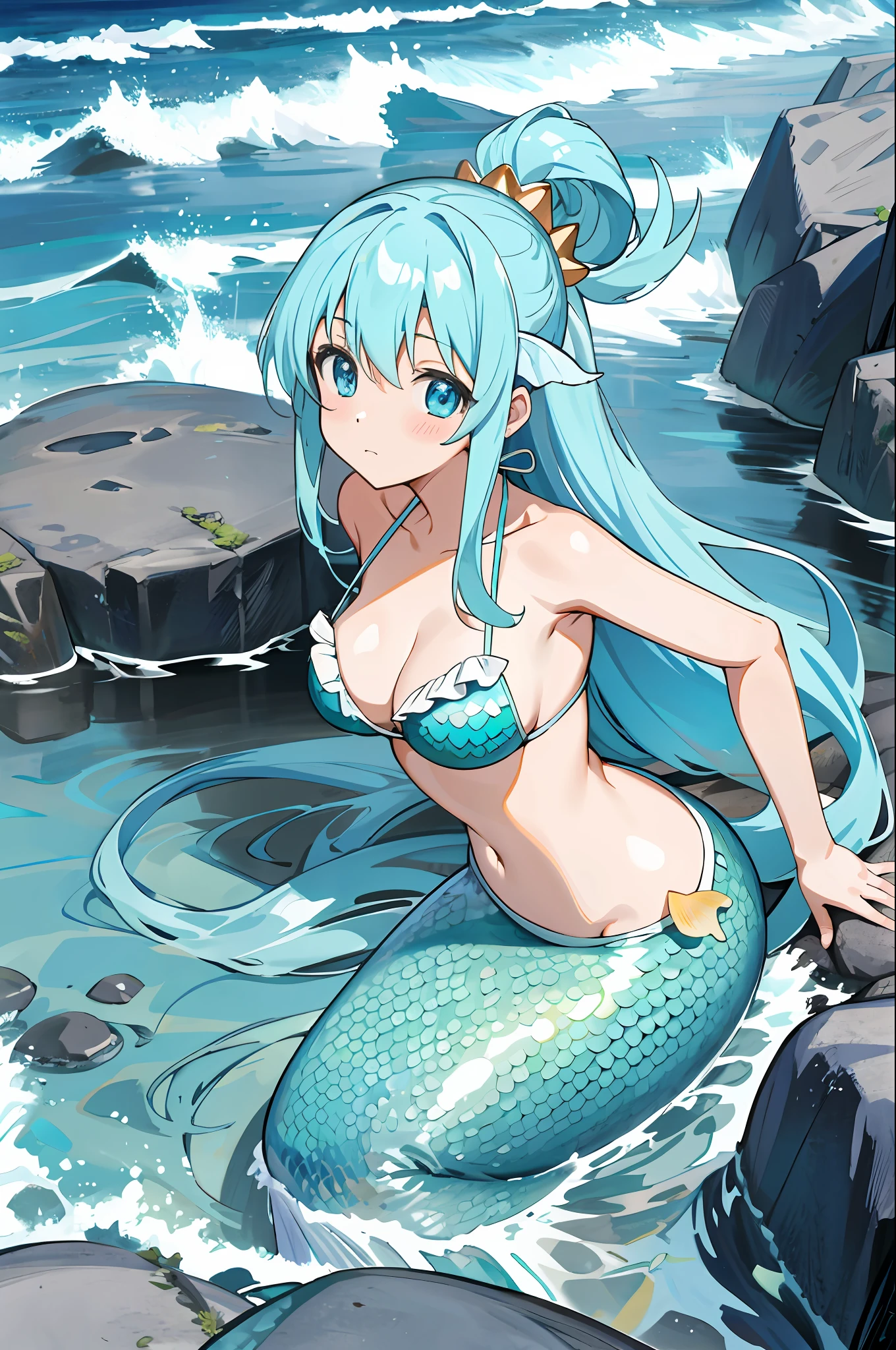 (masterpiece, best quality) detailed, 1girl_aqua_konosuba, soil, ocean, rocks, mermaid, shell bikini, long blue hair, blue eyes.