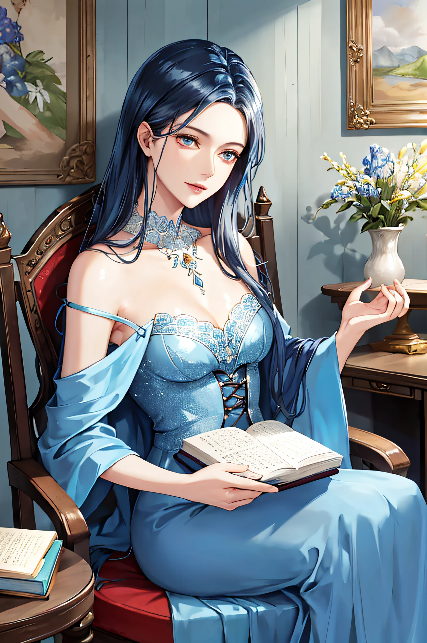 intricate details, (latex skin: 1.1) and (perfectly shiny skin: 1.2) and (damp skin: 1.1), (very detailed face), (masterpiece, realistic: 1.3), (extremely complex: 1. 2)>, intricate and fine details, (sculptural skin texture: 1.1) and (shiny shiny skin: 1.2) and (slightly damp skin: 1.1),

The woman, dressed in a blue dress, is sitting on a wooden chair with a book in her hand, and is quietly reading. Her long hair is scattered on her shoulders, her face is gentle and her eyes are soft. Surrounded by some flowers and books, with some paintings hanging on the wall, the room is filled with the faint scent of flowers and books.