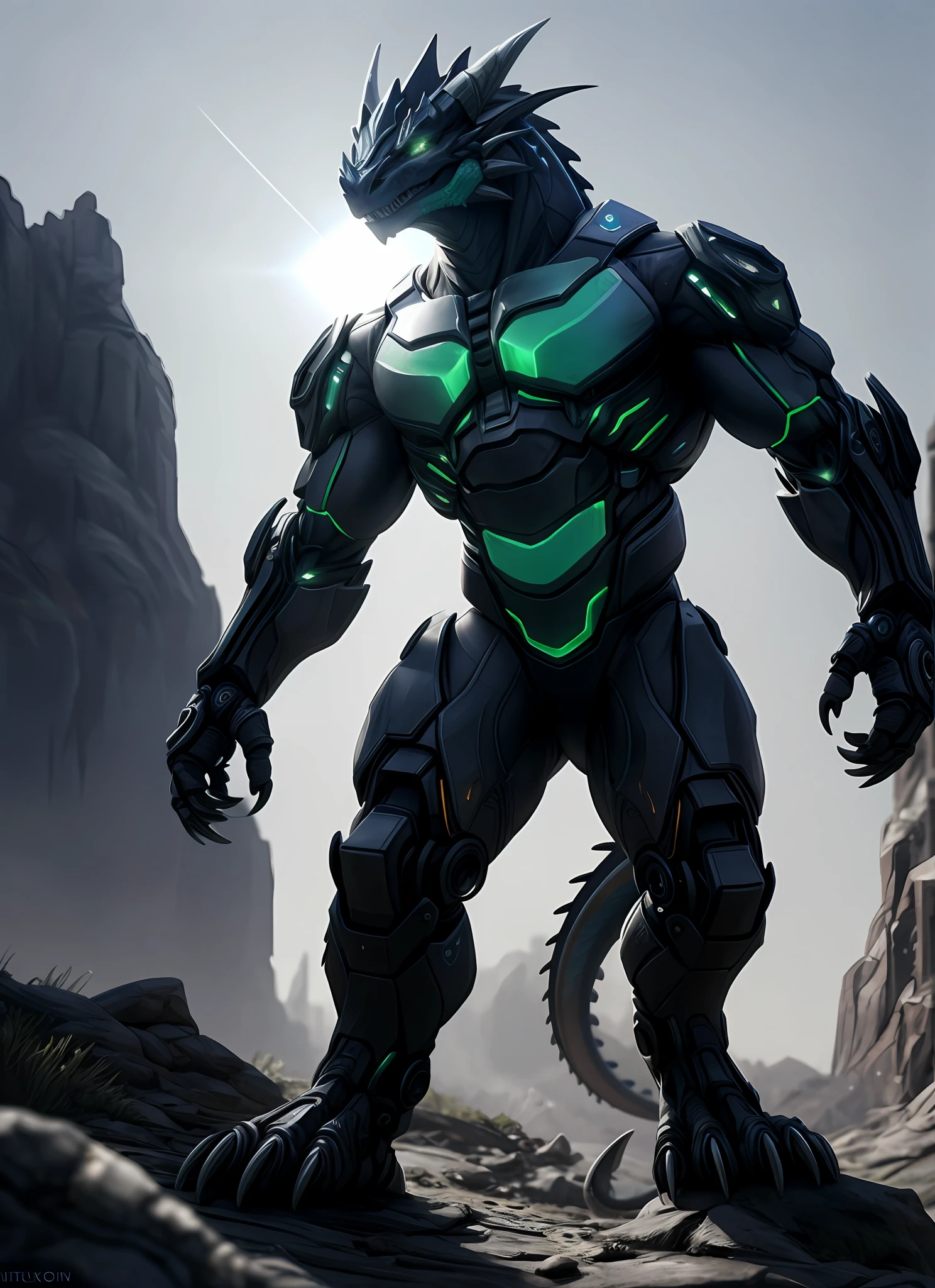 An advanced bionic mech, cybrog, anthro, dragon, male, full body, Muscle, Delicate face, Delicate eyes, 1 tail, (glowing LED), energy, digitigrade, outdoors, extremely detailed CG unity 8k wallpaper, realistic, masterpiece, highest quality, lens flare, unreal engine, trending on ArtStation, Intricate, High Detail, dramatic, realism, beautiful and detailed lighting, shadows