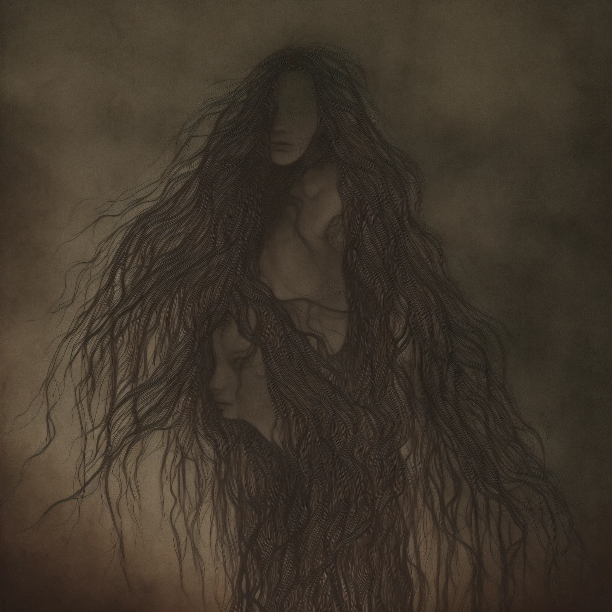 A girl with long hair and giant sharp nails screaming, fused with Cerberus, mutant hybrid, cryptid, shining in the dark, black background, sad, inspired by Beksinski, William Blake art, ink and watercolor, renaissance art, mist and fog, photorealistic detail, black and white, dust, film grain, contrast, creepy, horror