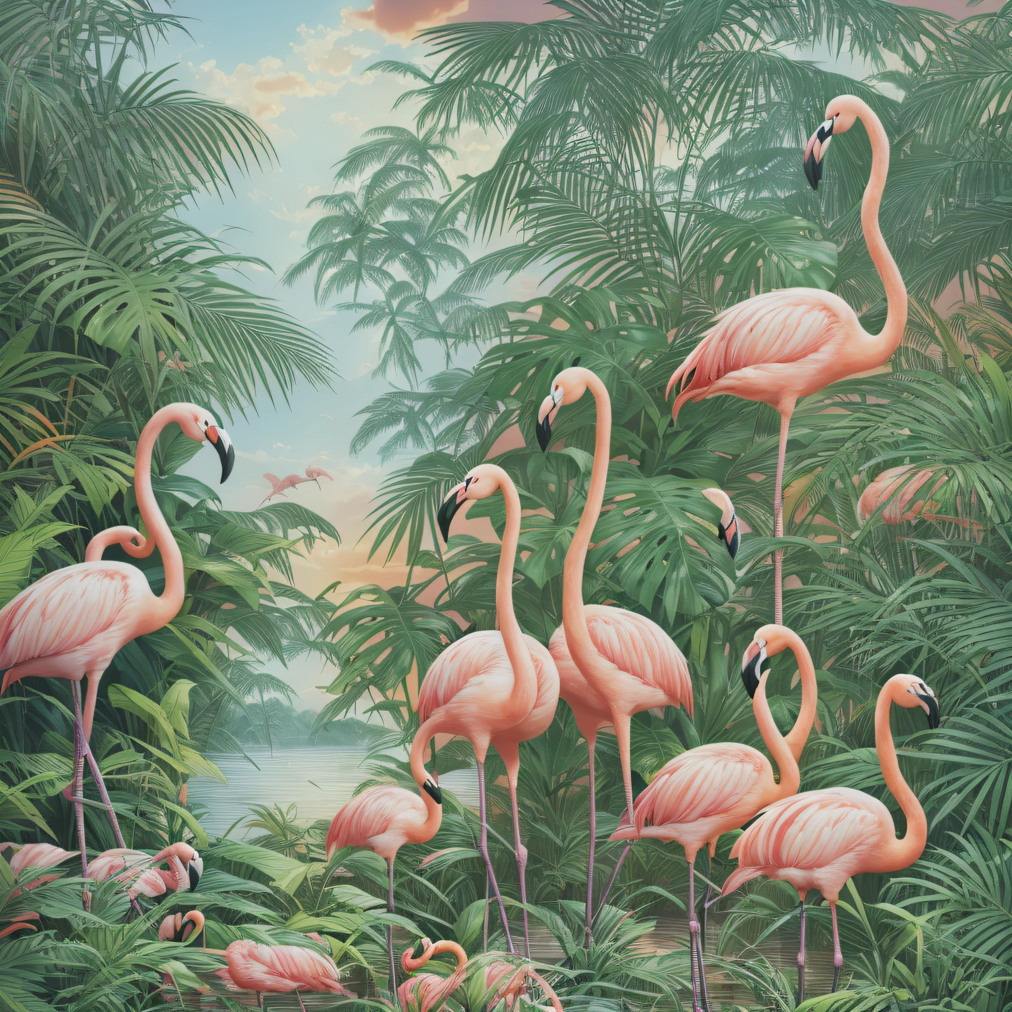 flamingos are standing in the grass near a body of water, tropical birds, tropical paradise, tropical atmosphere, by David B. Mattingly, tropical landscape, hildebrandt, jim warren, tropical, flamingos, mysterious jungle painting, flamingoes, tropical background, tropical jungle, amazing background, jungle scene, by Brian Thomas, background artwork, darrell k sweet