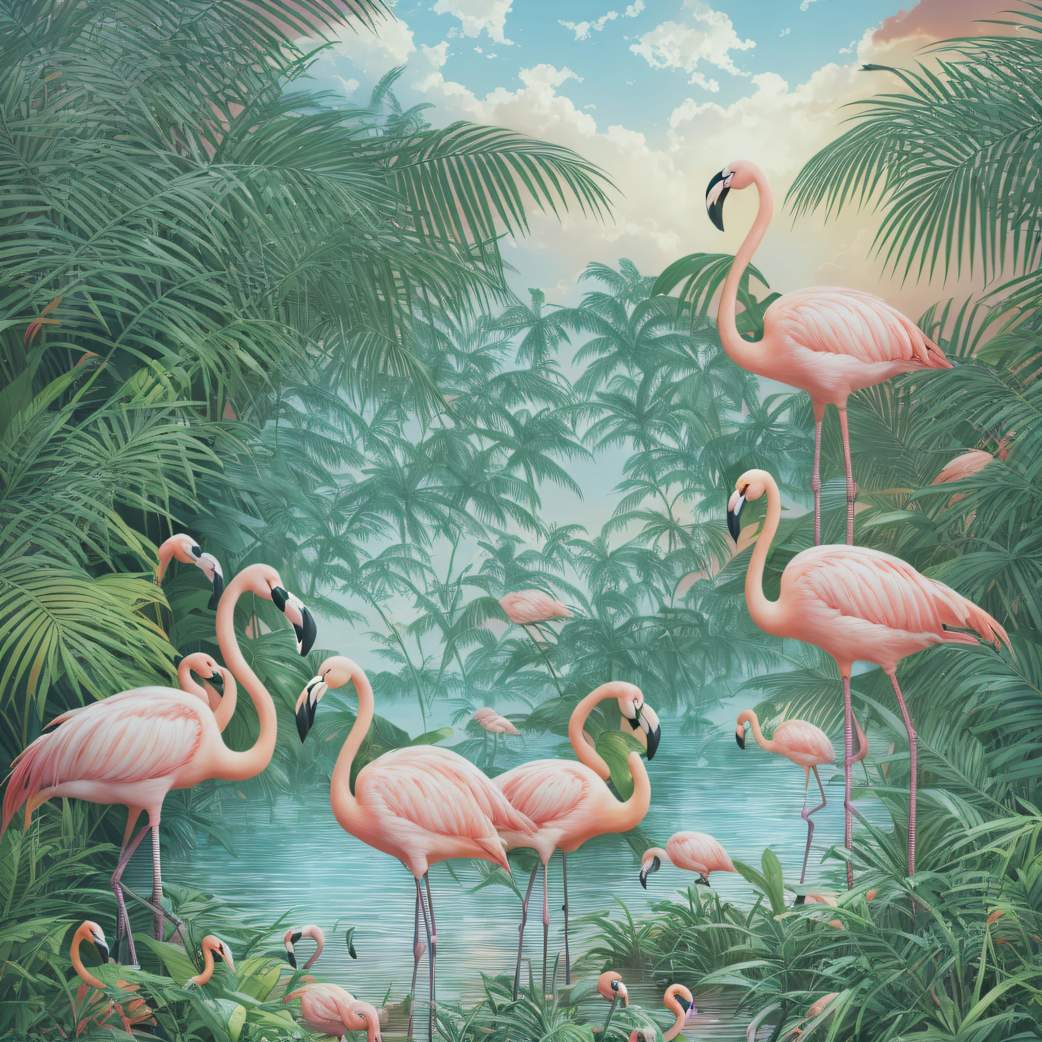 flamingos are standing in the grass near a body of water, tropical birds, tropical paradise, tropical atmosphere, by David B. Mattingly, tropical landscape, hildebrandt, jim warren, tropical, flamingos, mysterious jungle painting, flamingoes, tropical background, tropical jungle, amazing background, jungle scene, by Brian Thomas, background artwork, darrell k sweet