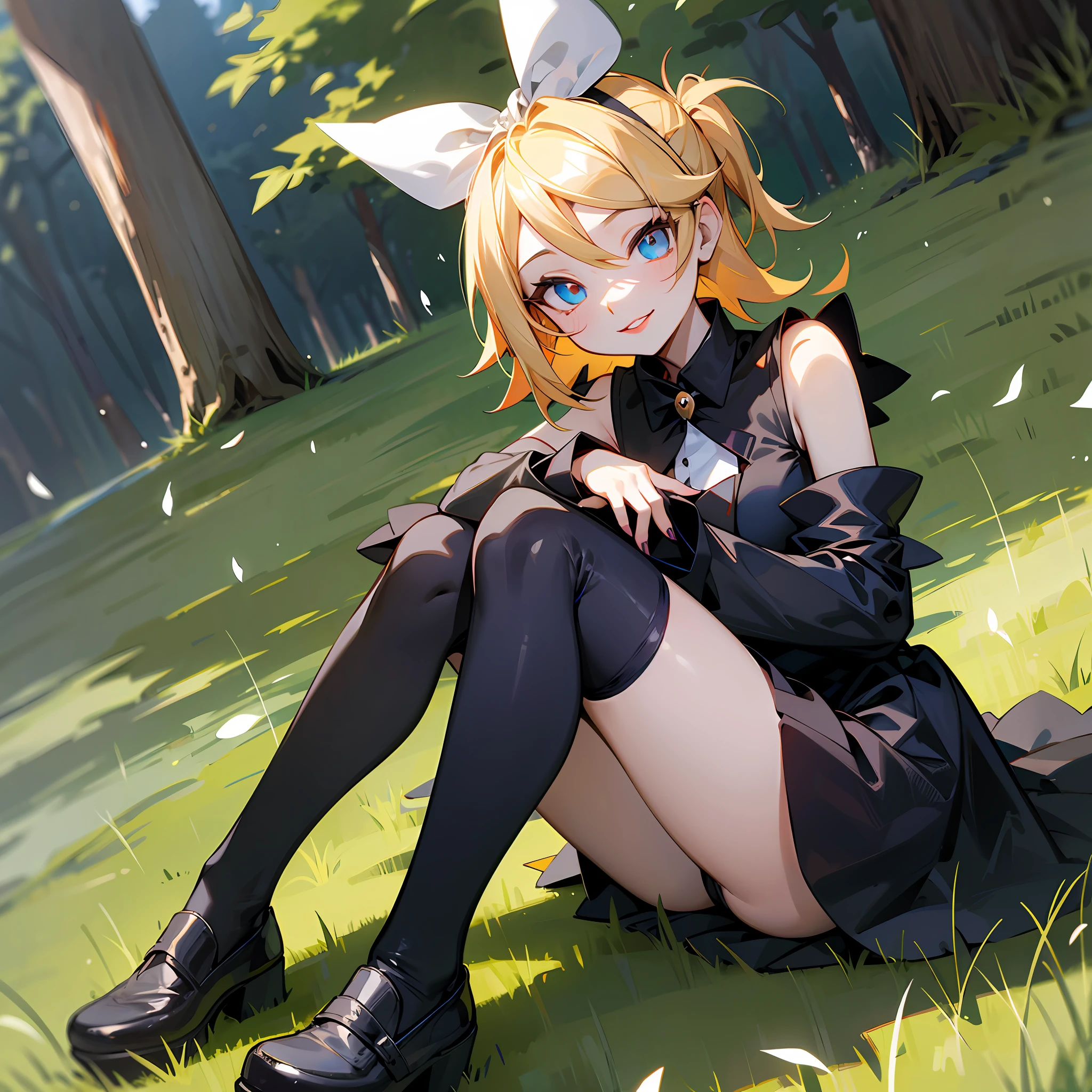 Kagamine rin, knee-length black dress, blue eye and red eye, black tights, sitting on the grass, blond hair, red lips, sweet smile --auto --s2