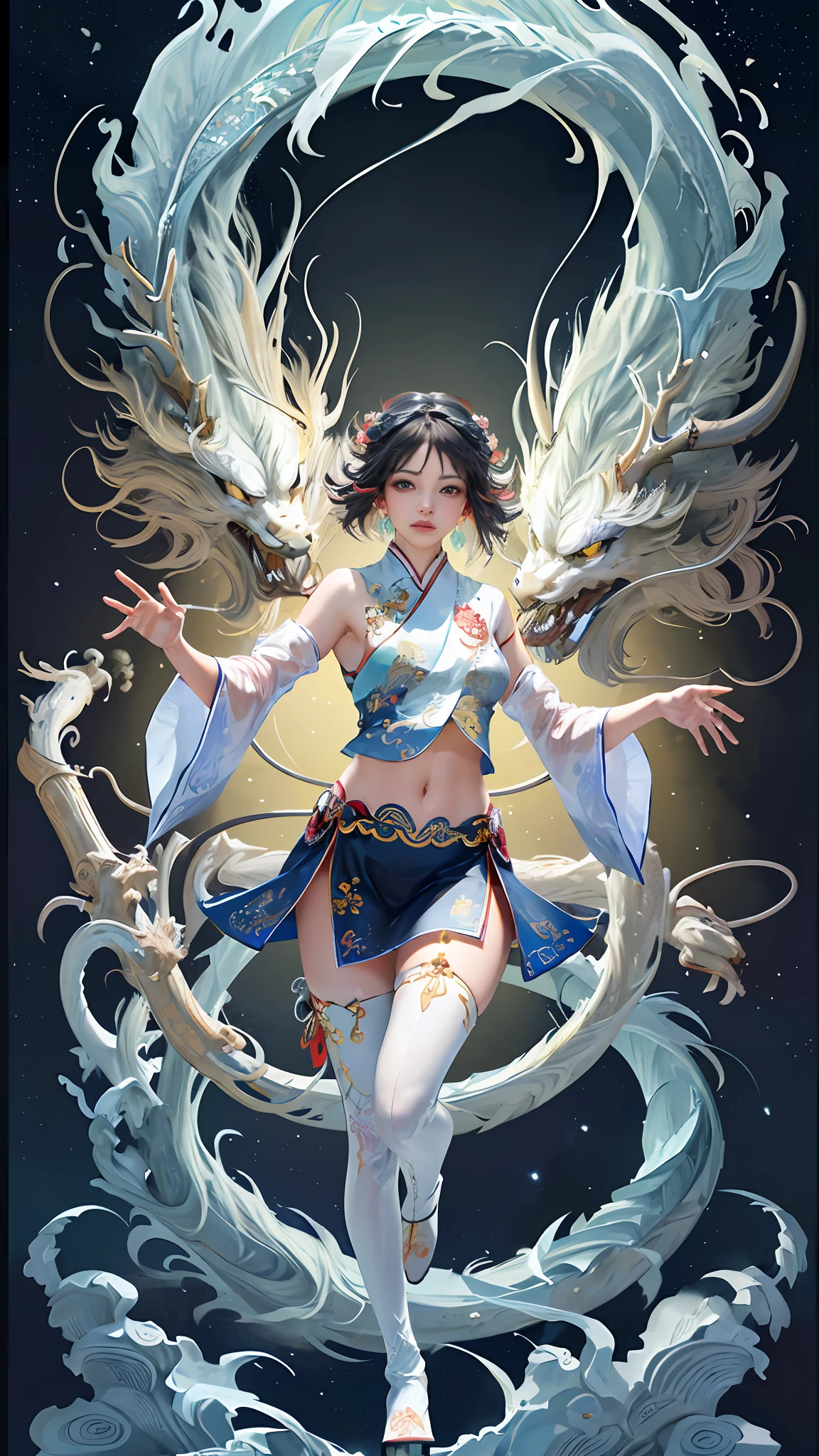 Official Art, Unified 8K Wallpapers, Ultra Detailed, Beautiful and Aesthetic, Masterpiece, Best Quality, (Zentangle, Tangle, Entangle), (fractal art: 1.4), 1girl, black hair, Chinese, bare shoulders, short skirt, calf, navel, very detailed, dynamic angle, cowboyshot, (most beautiful form chaos), flowing, (bright colors), oc, (half: 1.2), china, (thangka flying sky: 1.5), (ribbon: 1.3), (dream: 1.5), (hanfu: 1.5), Chinese dragon, Chinese phoenix, (smile: 0.5), (Chinese deity),