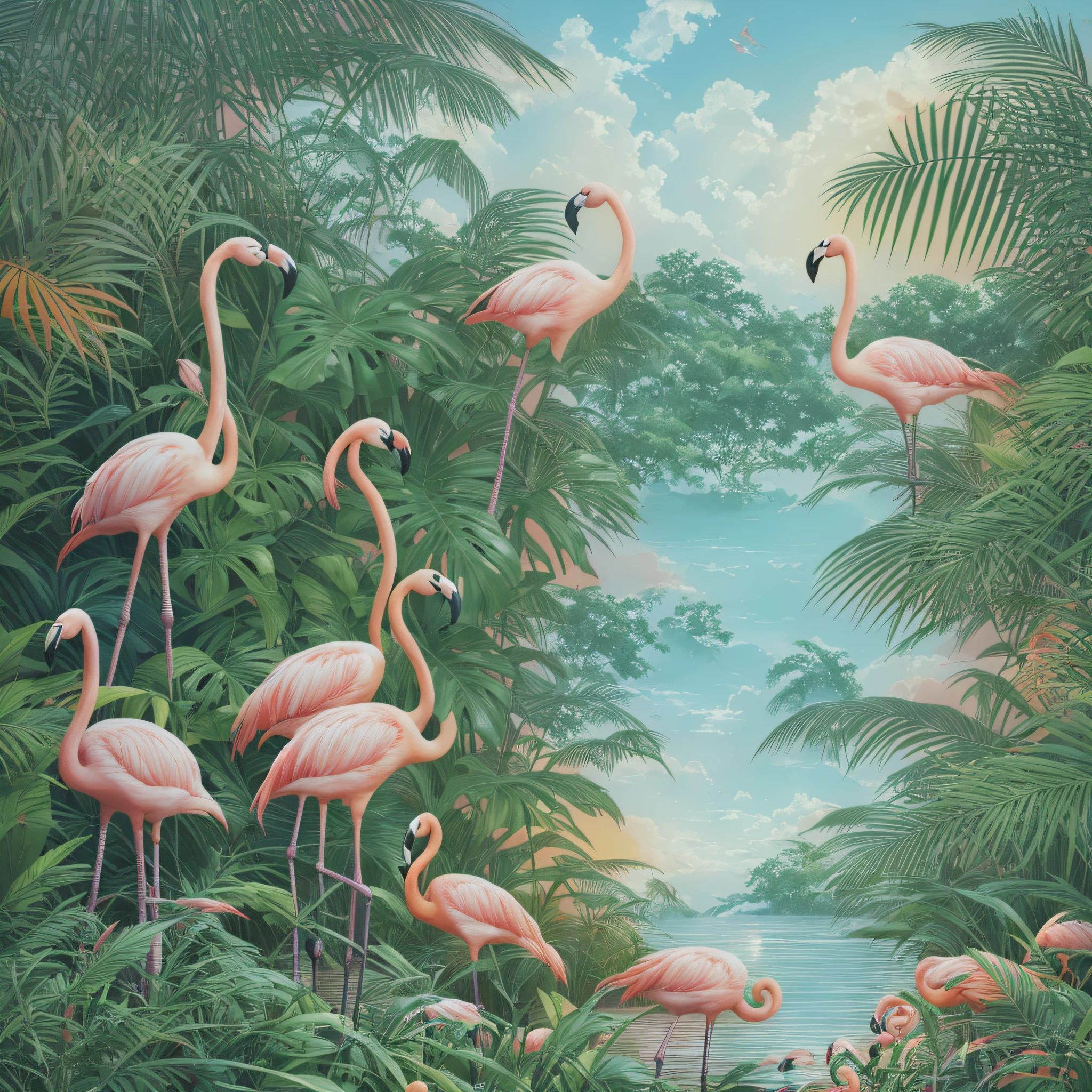 flamingos are standing in the grass near a body of water, tropical birds, tropical paradise, tropical atmosphere, by David B. Mattingly, tropical landscape, hildebrandt, jim warren, tropical, flamingos, mysterious jungle painting, flamingoes, tropical background, tropical jungle, amazing background, jungle scene, by Brian Thomas, background artwork, darrell k sweet