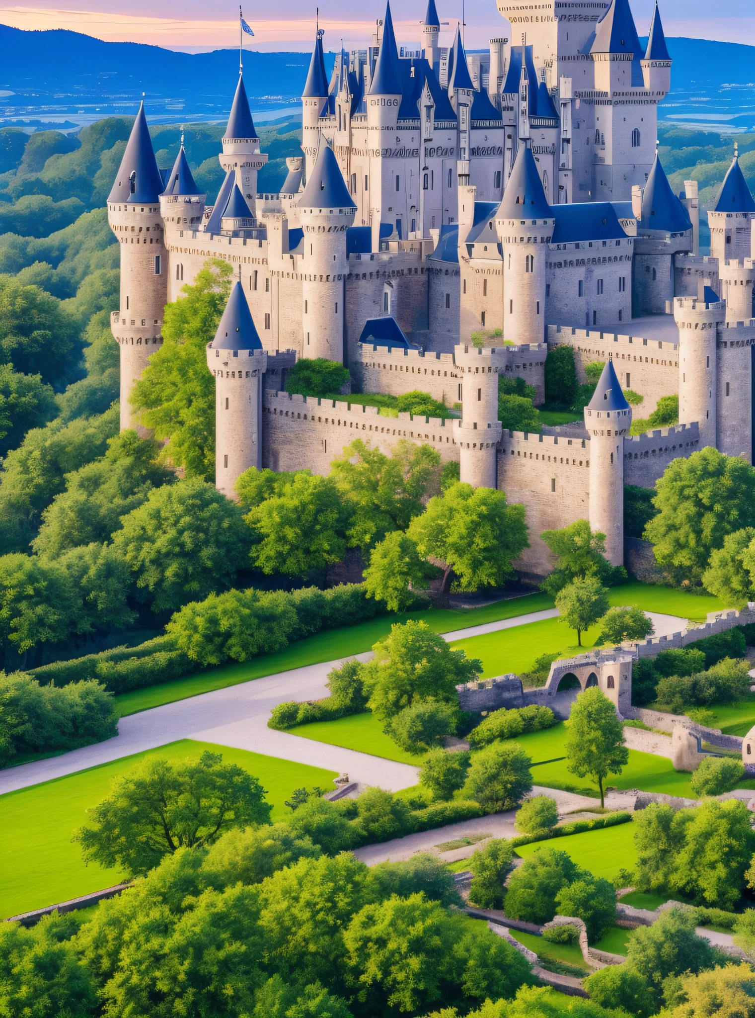 Capture the awe-inspiring grandeur of a majestic medieval castle standing tall amidst a lush countryside. The castle, built with intricate stonework and fortified walls, exudes an air of history and strength. Every intricate detail, from the delicate carvings on the entrance gate to the towering turrets adorned with weathered flags, should be rendered with hyper-realistic precision. The image should be in stunning high-definition (8K), allowing viewers to appreciate the minute textures and architectural nuances. The composition should emphasize the castle's imposing presence, while the surrounding landscape of rolling hills and a winding river adds depth and beauty to the scene. Natural lighting, with a warm golden hour glow, should cast soft shadows and bring out the castle's enchanting features. It's essential to convey the sense of timelessness and evoke the spirit of medieval times through this exquisitely detailed photograph. Camera Setup: Full-frame DSLR with a high-resolution sensor (e.g., Nikon D850 or Canon EOS 5DS R). Lens: Wide-angle lens (e.g., 24-70mm f/2.8) to capture the expansive castle and its surroundings. Settings: Aperture priority mode (e.g., f/8) for maximum depth of field, ISO 100 for optimal image quality, and a tripod to ensure stability for long exposure if needed. --auto --s2