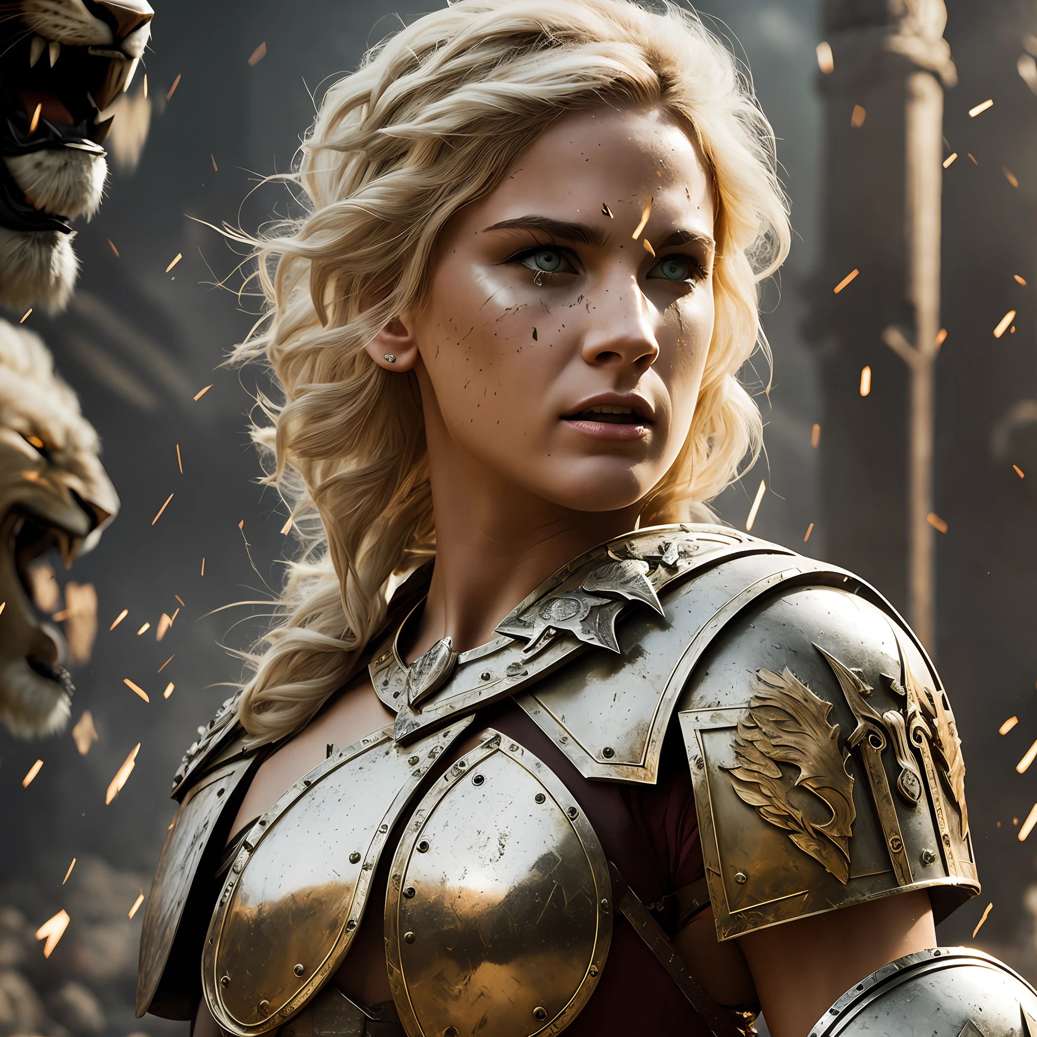 blond woman in armor with lion behind her in a scene from the movie 300 days, elisha cuthbert as a rpg warrior, elisha cuthbert as a paladin, a sexy blonde warrior, margot robbie as a greek goddess, emma watson as blond aphrodite, elisha cuthbert as a d&d paladin, biblical epic movie