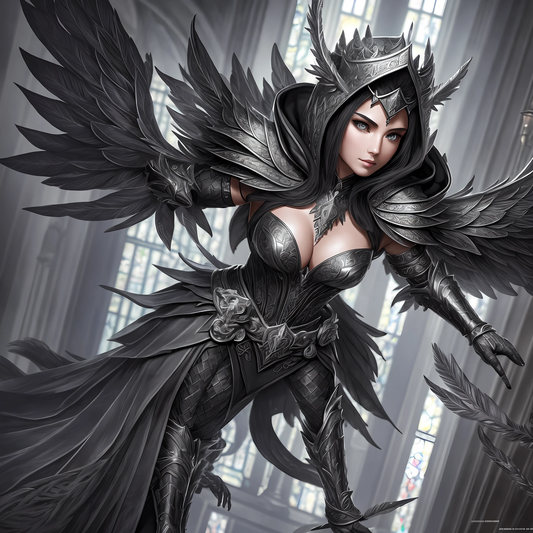 extremely detailed 8k wallpaper), intricate, highly detailed, dramatic, The Dragon Lady uses highly detailed black steel shoulder pads that look like dragon's heads and are adorned with shimmering silver embellishments and ornaments, a gray cloak superimposed with an extremely well-detailed large hood that goes deeply drawn on the young bearded face, extremely detailed gray feather wings with translucent velvety red membranes, insanely realistic graphics, insanely detailed details, ultra realistic and highly detailed black steel armor with glossy silver gloss details in a silver gray tunic, extremely detailed heavy black armor Steel gloves, steel boots with reinforced shiny silver decorations, in a vaulted hall during the tour of the shadowy cathedral on a velvet carpet red, (shown in perspective from above) during the passage of a shadowy vaulted passage and with several windows through the bright light falls, --auto --s2