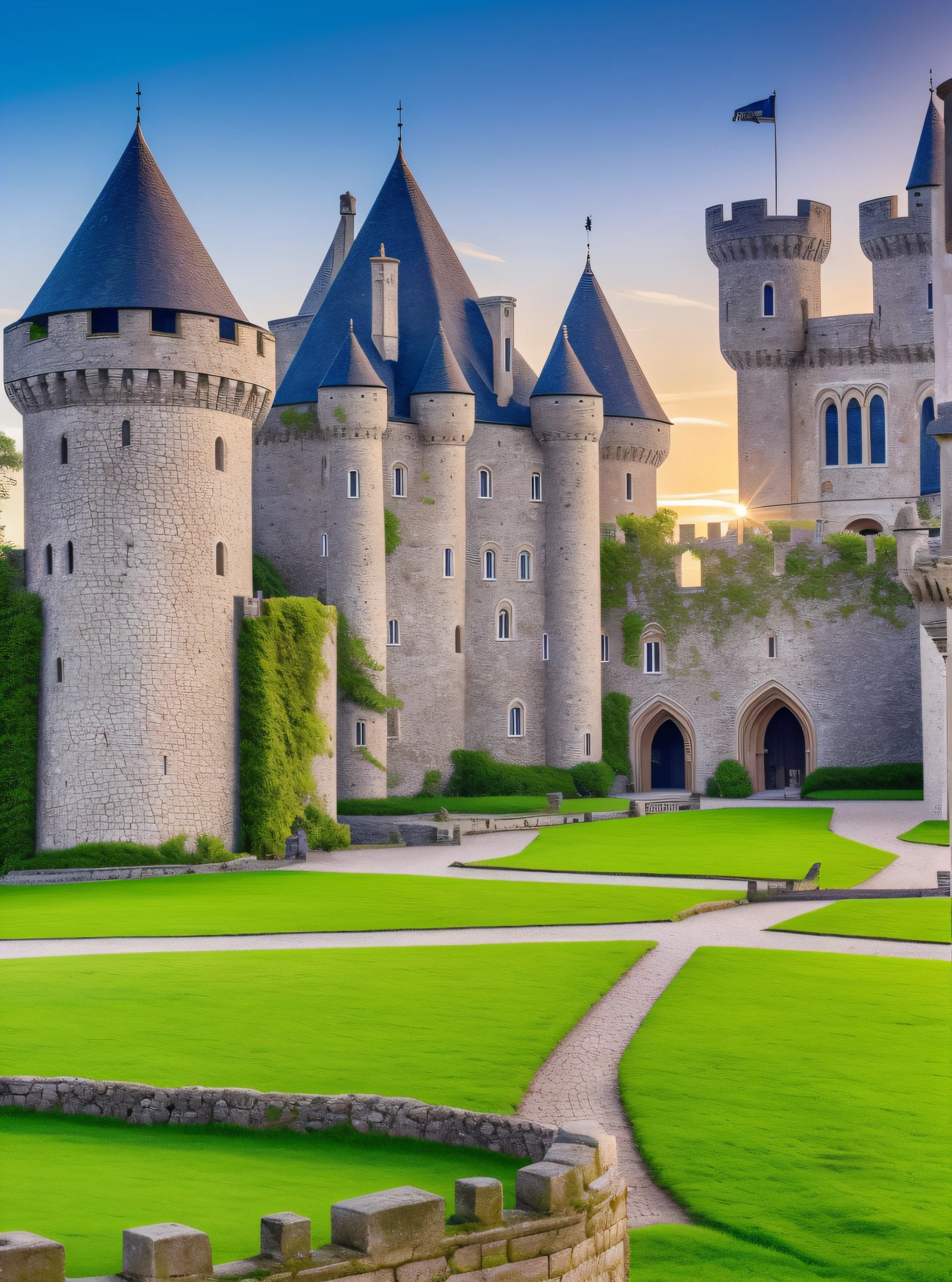 Capture the awe-inspiring grandeur of a majestic medieval castle standing tall amidst a lush countryside. The castle, built with intricate stonework and fortified walls, exudes an air of history and strength. Every intricate detail, from the delicate carvings on the entrance gate to the towering turrets adorned with weathered flags, should be rendered with hyper-realistic precision. The image should be in stunning high-definition (8K), allowing viewers to appreciate the minute textures and architectural nuances. The composition should emphasize the castle's imposing presence, while the surrounding landscape of rolling hills and a winding river adds depth and beauty to the scene. Natural lighting, with a warm golden hour glow, should cast soft shadows and bring out the castle's enchanting features. It's essential to convey the sense of timelessness and evoke the spirit of medieval times through this exquisitely detailed photograph. Camera Setup: Full-frame DSLR with a high-resolution sensor (e.g., Nikon D850 or Canon EOS 5DS R). Lens: Wide-angle lens (e.g., 24-70mm f/2.8) to capture the expansive castle and its surroundings. Settings: Aperture priority mode (e.g., f/8) for maximum depth of field, ISO 100 for optimal image quality, and a tripod to ensure stability for long exposure if needed. --auto --s2
