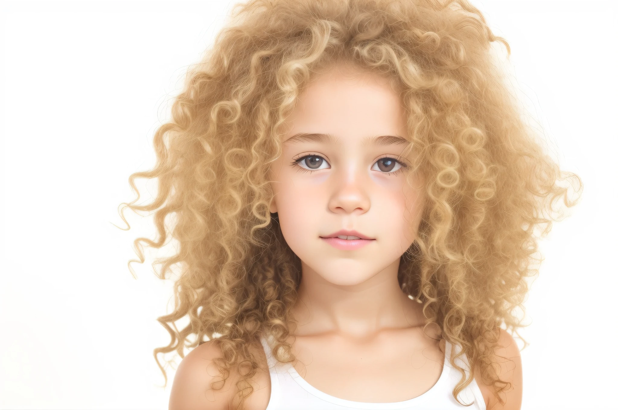 there is a young girl with a curly hair and a white tank top, frizzy hair, long fluffy blond curly hair, long fluffy curly blond hair, very very curly blond hair, messy blond hair, blond curly hair, curly blonde hair | d & d, flipped out hair, messy curly hair, short curly blonde haired girl, curly blond hair, curly blond