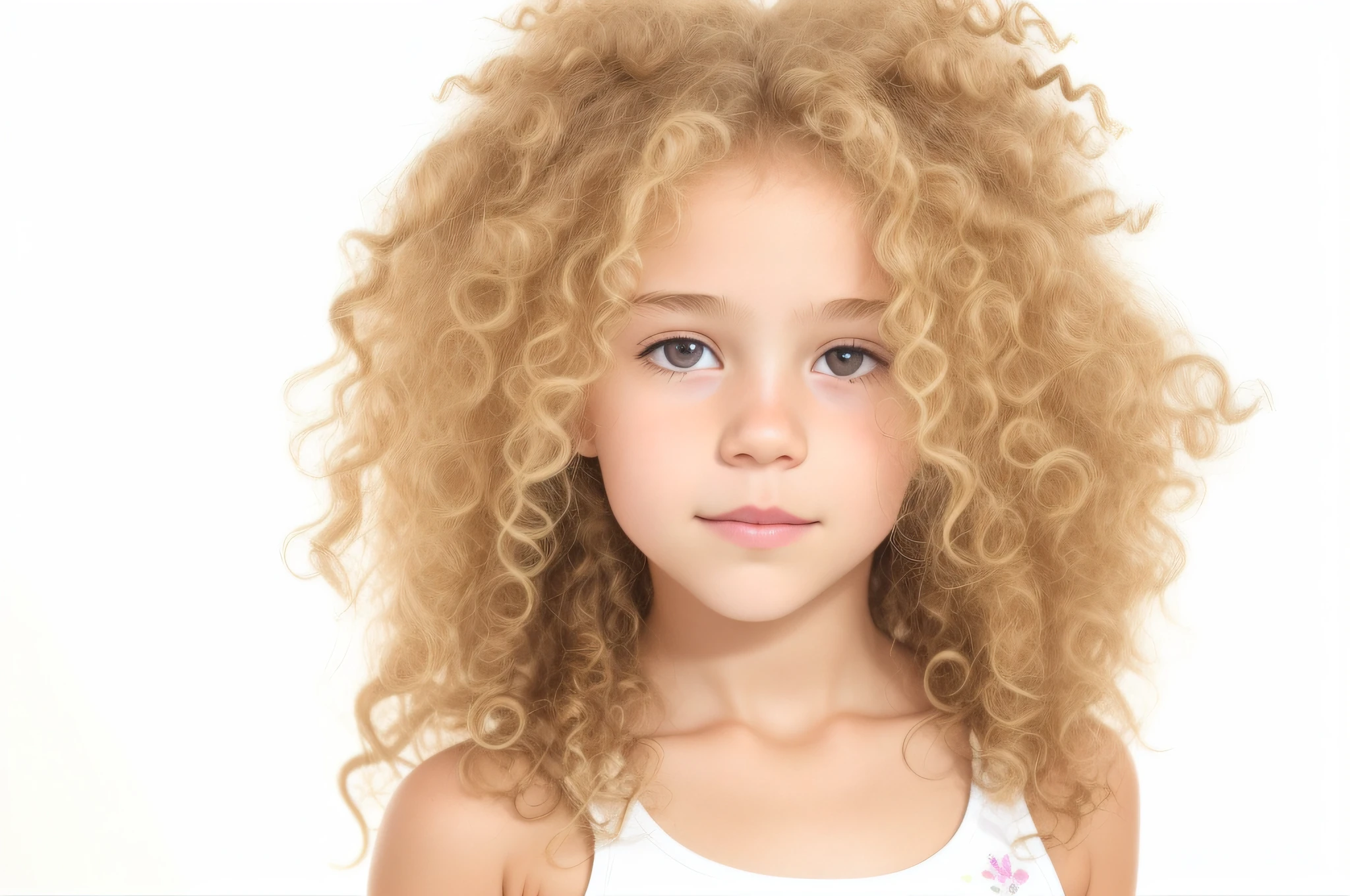 there is a young girl with a curly hair and a white tank top, frizzy hair, long fluffy blond curly hair, long fluffy curly blond hair, very very curly blond hair, messy blond hair, blond curly hair, curly blonde hair | d & d, flipped out hair, messy curly hair, short curly blonde haired girl, curly blond hair, curly blond