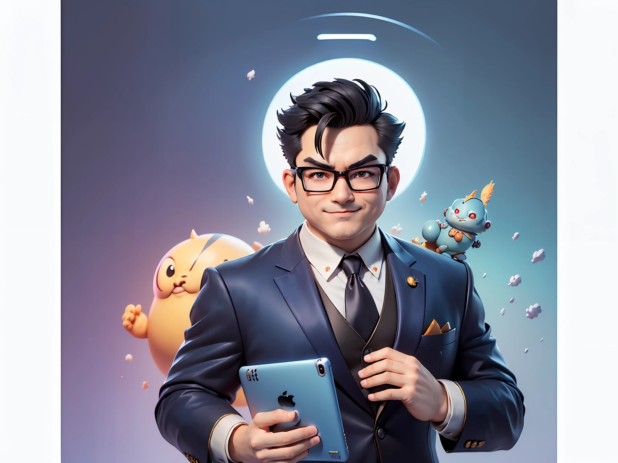 (((Masterpiece), (Excellent), (Super Meticulous), (Full Body: 1.2), Super Young Man, Oriental Face, Japanese Wind and Thunder God, Dragon, Tiger, TV Anchor, Bust Portrait Illustration, Alone, Black Formal Suit, Blue Tie, Slightly Chubby Face, Silver Glasses Face Very Clean No Beard, Black Super Short Hair, Black Eyes, Confident Smile, 3c Computer Sub-Products, iPad, iPhone, Digital Painting, 3D Character Design by Akira Toriyama and Mark Claireden and Pixar and Hayao Miyazaki, The illustration is a high-definition illustration in 4K resolution with very detailed facial features and cartoon-style visuals.