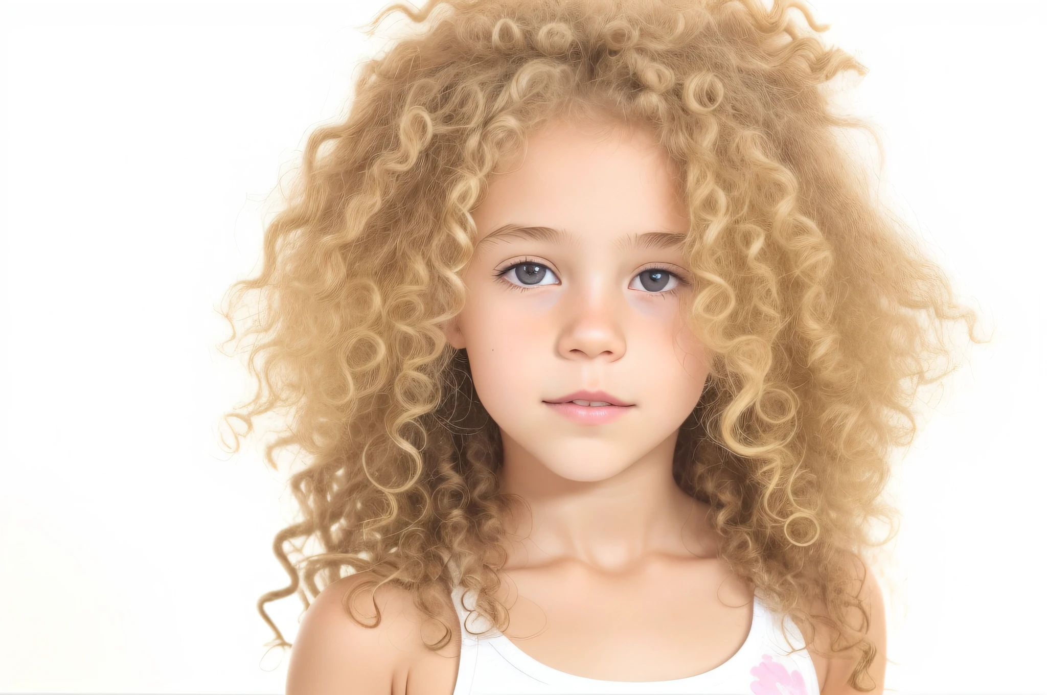 there is a young girl with a curly hair and a white tank top, frizzy hair, long fluffy blond curly hair, long fluffy curly blond hair, very very curly blond hair, messy blond hair, blond curly hair, curly blonde hair | d & d, flipped out hair, messy curly hair, short curly blonde haired girl, curly blond hair, curly blond