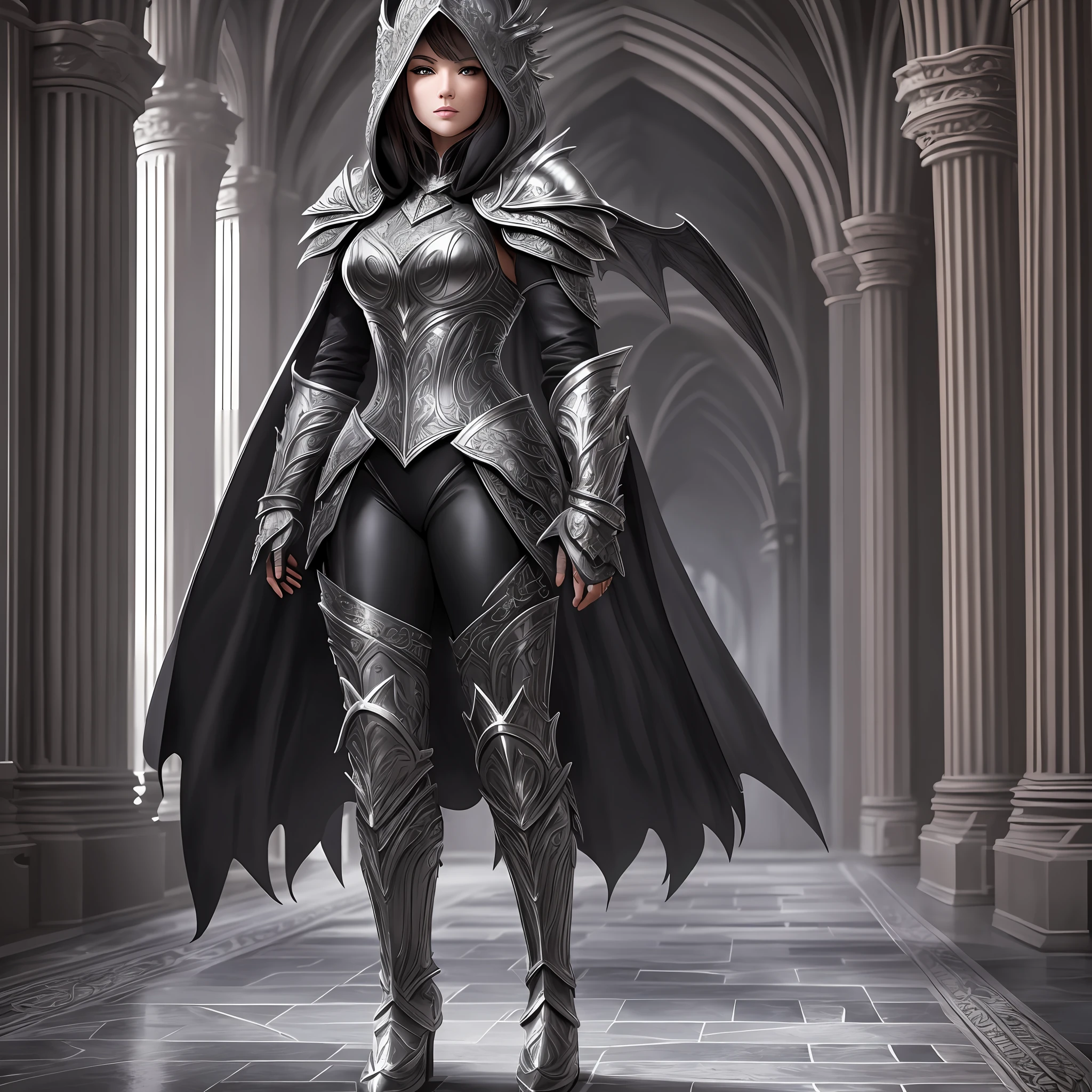 extremely detailed 8k wallpaper), intricate, highly detailed, dramatic, The Dragon Lady uses highly detailed black steel shoulder pads that look like dragon's heads and are adorned with shimmering silver embellishments and ornaments, a gray cloak superimposed with an extremely well-detailed large hood that goes deeply drawn on the young bearded face, extremely detailed gray feather wings with translucent velvety red membranes, insanely realistic graphics, insanely detailed details, ultra realistic and highly detailed black steel armor with glossy silver gloss details in a silver gray tunic, extremely detailed heavy black armor Steel gloves, steel boots with reinforced shiny silver decorations, in a vaulted hall during the tour of the shadowy cathedral on a velvet carpet red, (shown in perspective from above) during the passage of a shadowy vaulted passage and with several windows through the bright light falls, --auto --s2