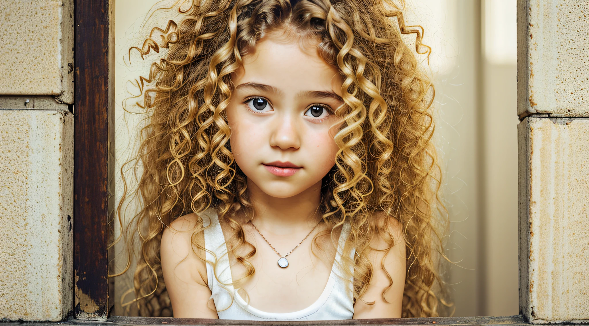 there is a young girl with a curly hair and a white tank top, frizzy hair, long fluffy blond curly hair, long fluffy curly blond hair, very very curly blond hair, messy blond hair, blond curly hair, curly blonde hair | d & d, flipped out hair, messy curly hair, short curly blonde haired girl, curly blond hair, curly blond