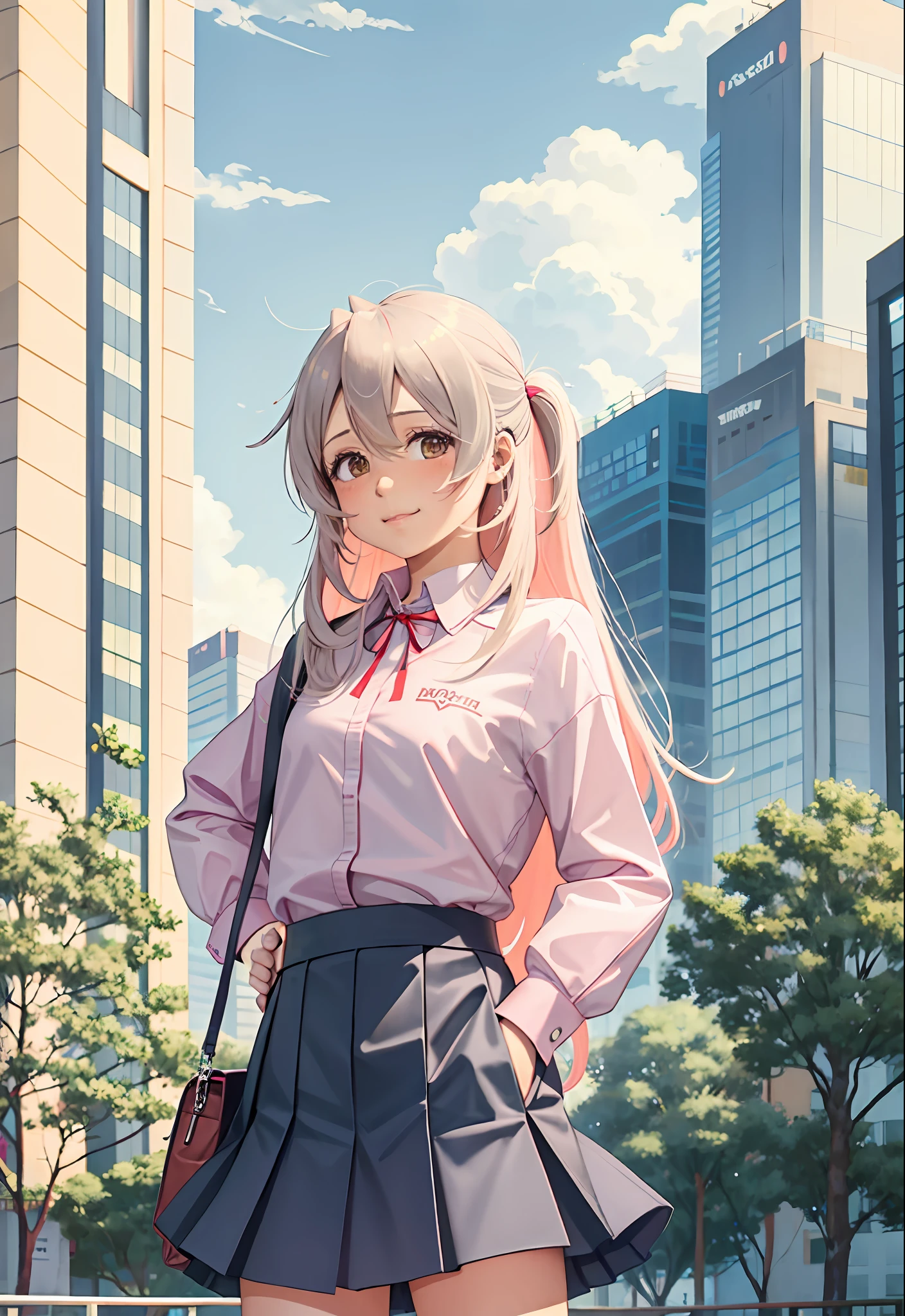 1girl, cowboy shot, straight-on, arm behind head, hand behind head, arm up, hand in pocket, standing, bangs, looking at viewer, ahoge, long hair, blush, (school uniform), blue shirt, layered skirt, blue skirt, miniskirt, red ribbon, long sleeves,pantyhose, brown uwabaki, light smile, solo, bare tree, building, city, cityscape, day, outdoors, skyscraper, street, tokyo \(city\), tree