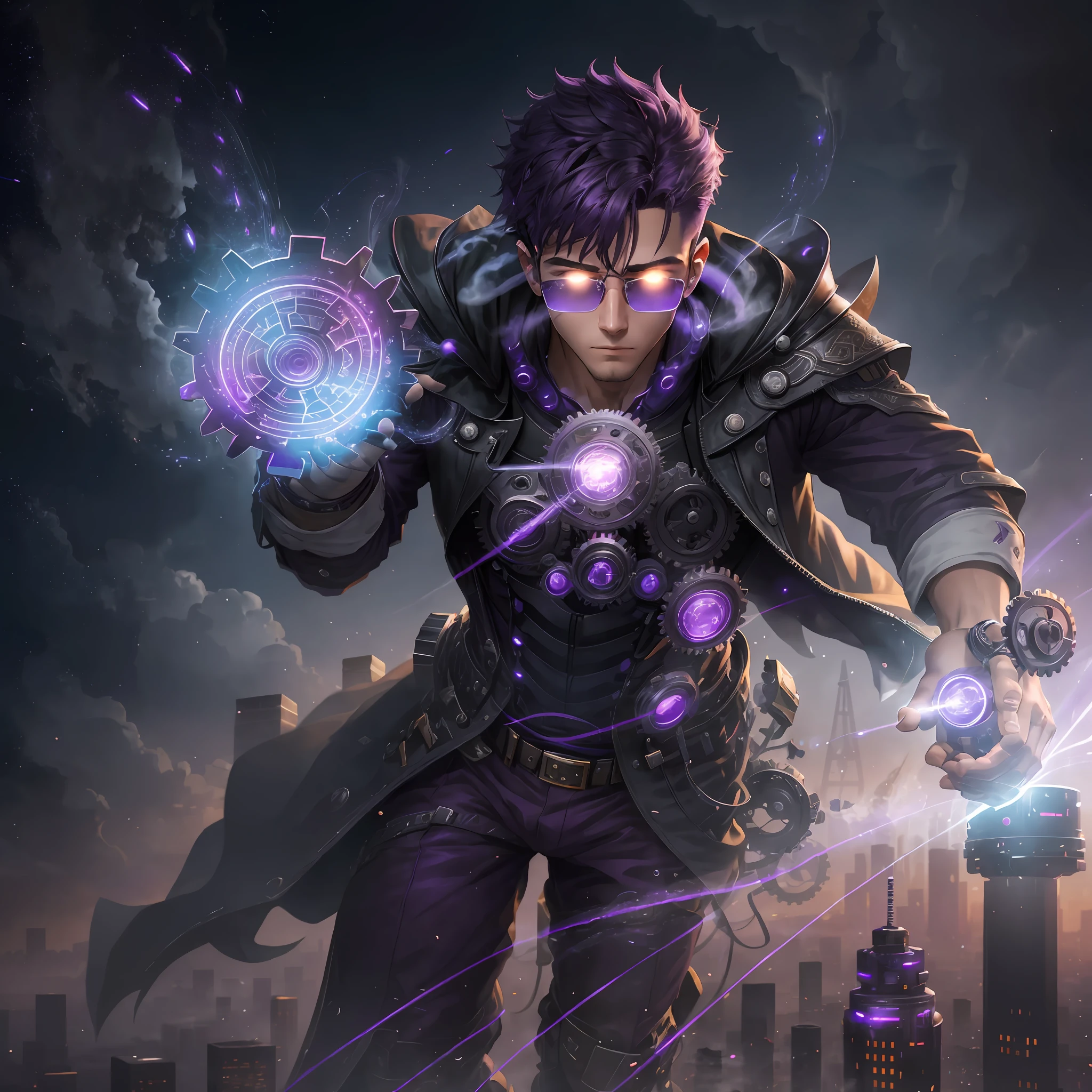 best illustration, realistic details, detailed, 1 Man, 1 Man, Young 19 years, beautiful, detailed skin, full body, Dark Purple Hair, Pupils of eyes Purple and bright, Wearing a Magician's Jacket of color Black, looking at the viewer, On a roof overlooking futuristic cityscapes, starry night sky, dark environment shattering glasses in fractal particle effects, volumetric fogs on the horizon, levitating, emotional and powerful vibration, machine gears aerial perspective, detailed background, third rule, sharp focus, depth of field.