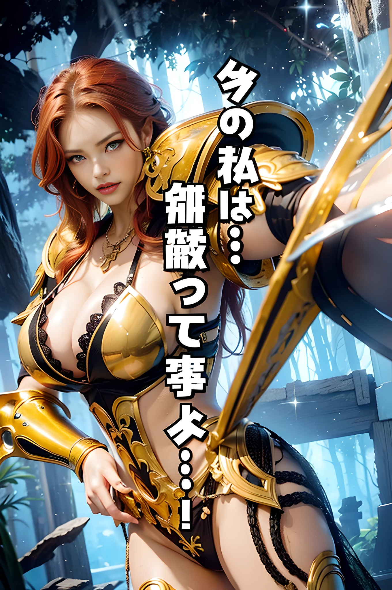 (female:1.2) (bodybuilder:0.8), hyper realistic, masterpiece, photorealistic, real skin, detailed face, detailed skin, detailed lighting, 1women, (green eyes), long hair, (red hair), large breasts, cleavage, smile, seductive, angry face, earring, necklace, golden armor, wearing gold armor, ((exotic skin)), (african girl) , black skin, brown skin, thigh, red panties, holding sword, hand on hips