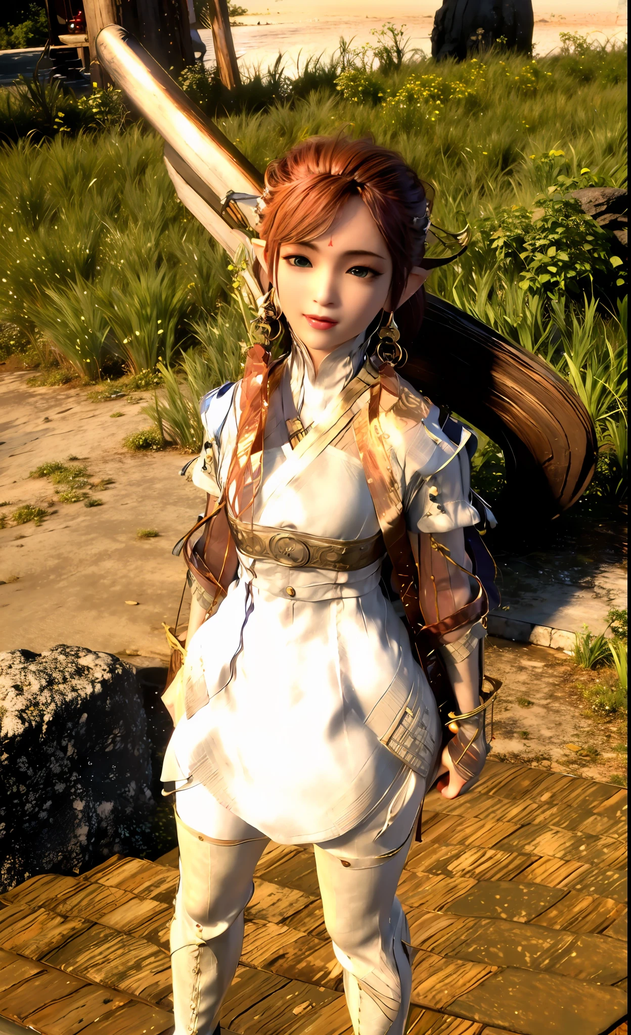 There is a cute girl with a boomerang standing on top of a brick roof, oriental white and gold clothing, elven character with smile, dressed as a cleric, hyper-detailed costume character, costume outfit, lalafell, she has rounded elf ears and orange eyes, bright white clothing, very detailed and rich clothes, seductive elf knight, inspired by kitsune super cute Best quality, masterpiece, ultra high res, (photorealistic: 1.5), raw photo, 1girl, offshoulder, red hair