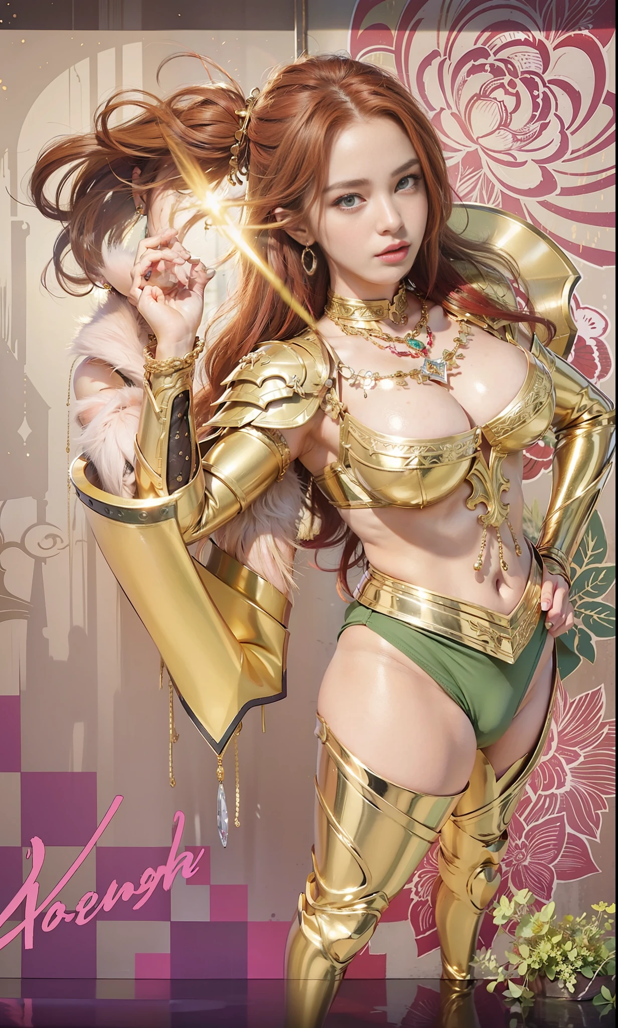 (female:1.2) (bodybuilder:0.8), hyper realistic, masterpiece, photorealistic, real skin, detailed face, detailed skin, detailed lighting, 1women, (green eyes), long hair, (red hair), large breasts, cleavage, smile, seductive, angry face, earring, necklace, golden armor, wearing gold armor, ((exotic skin)), (african girl) , black skin, brown skin, thigh, red panties, holding coin, hand on hips