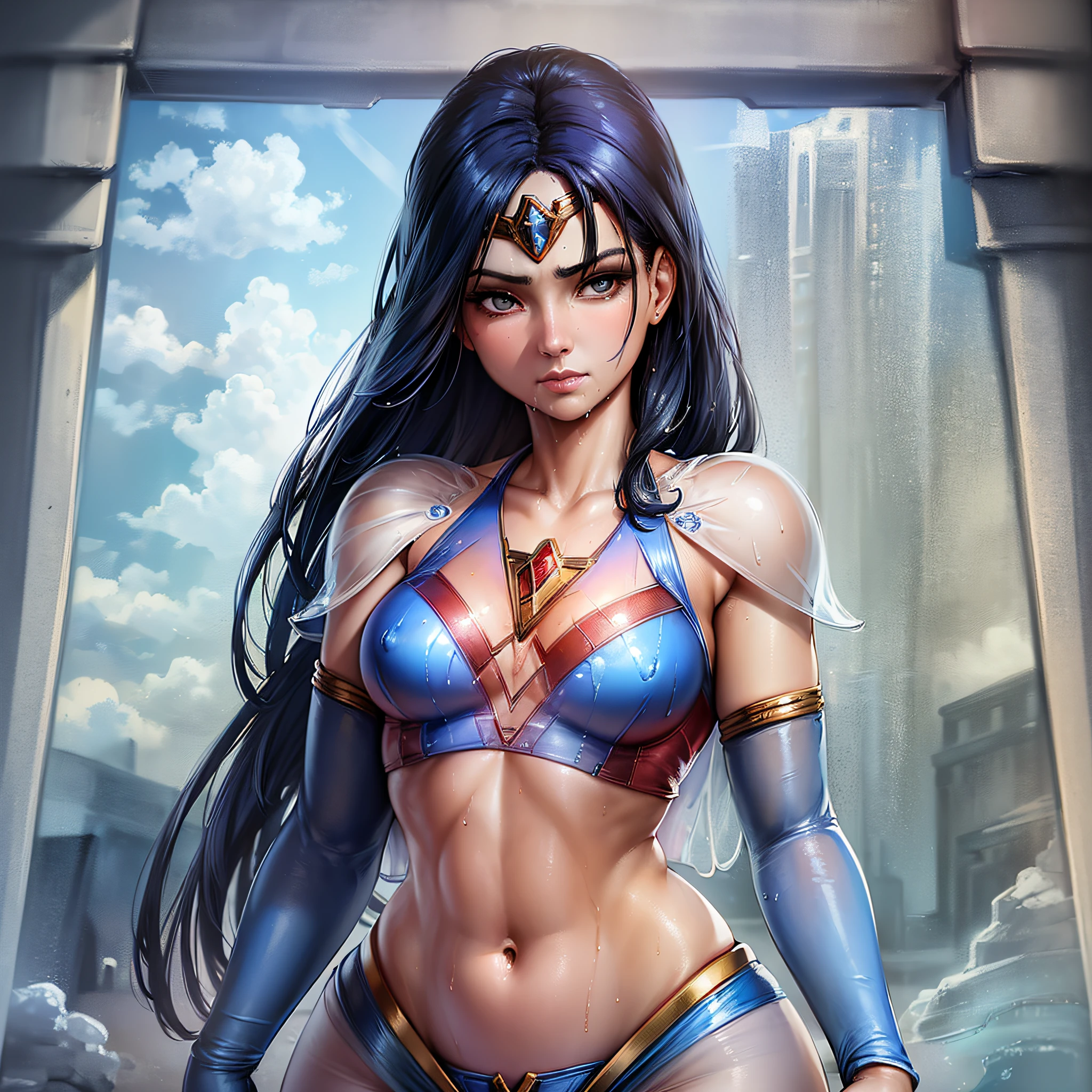 A closeup of wonder woman standing on a rock, extremely detailed transparent artgerm, transparent artgerm comic, using blue and red alloy, (using, ((vaporous:1.2) (transparent:1.2) (white: 0.6) (chiffon) (crop top) grabbed (wet: 1.4) skin): 1.2))),