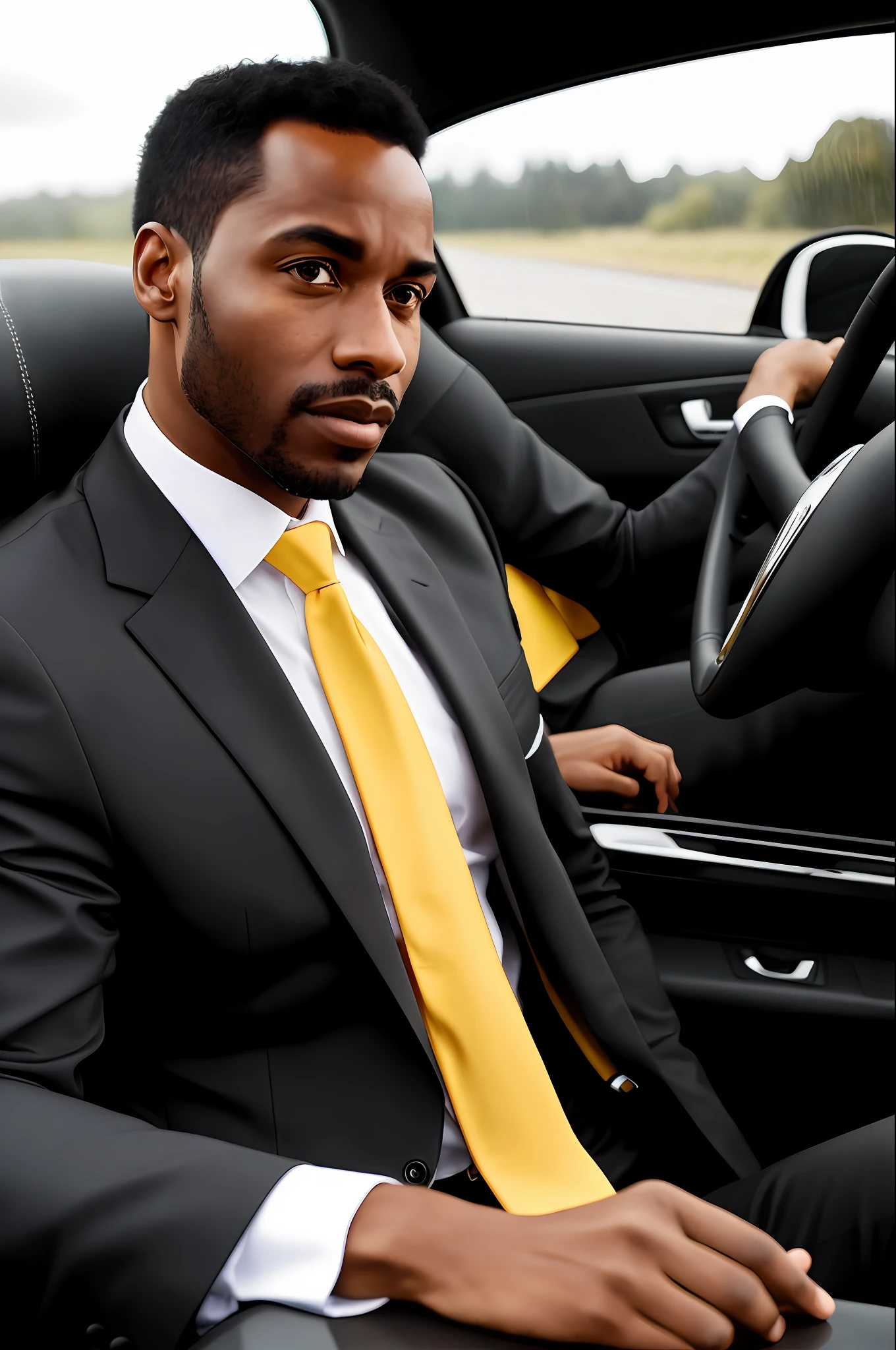 Only 1 black man driving with a look of desperation, wearing a lead suit and a yellow tie, with a road background on a rainy day, realistic image