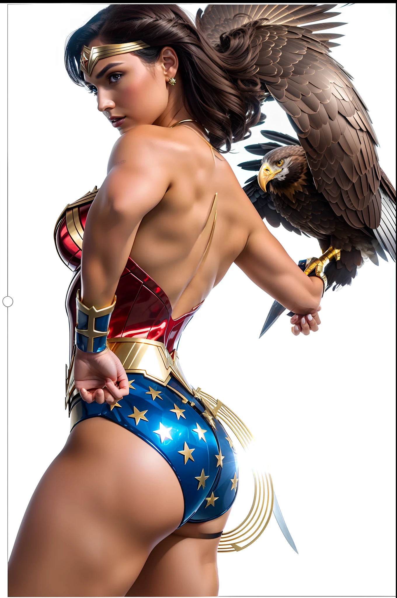 4K, Wonder Woman, golden tiara, dark hair, metal armor, super muscular body, eagle on the arm.