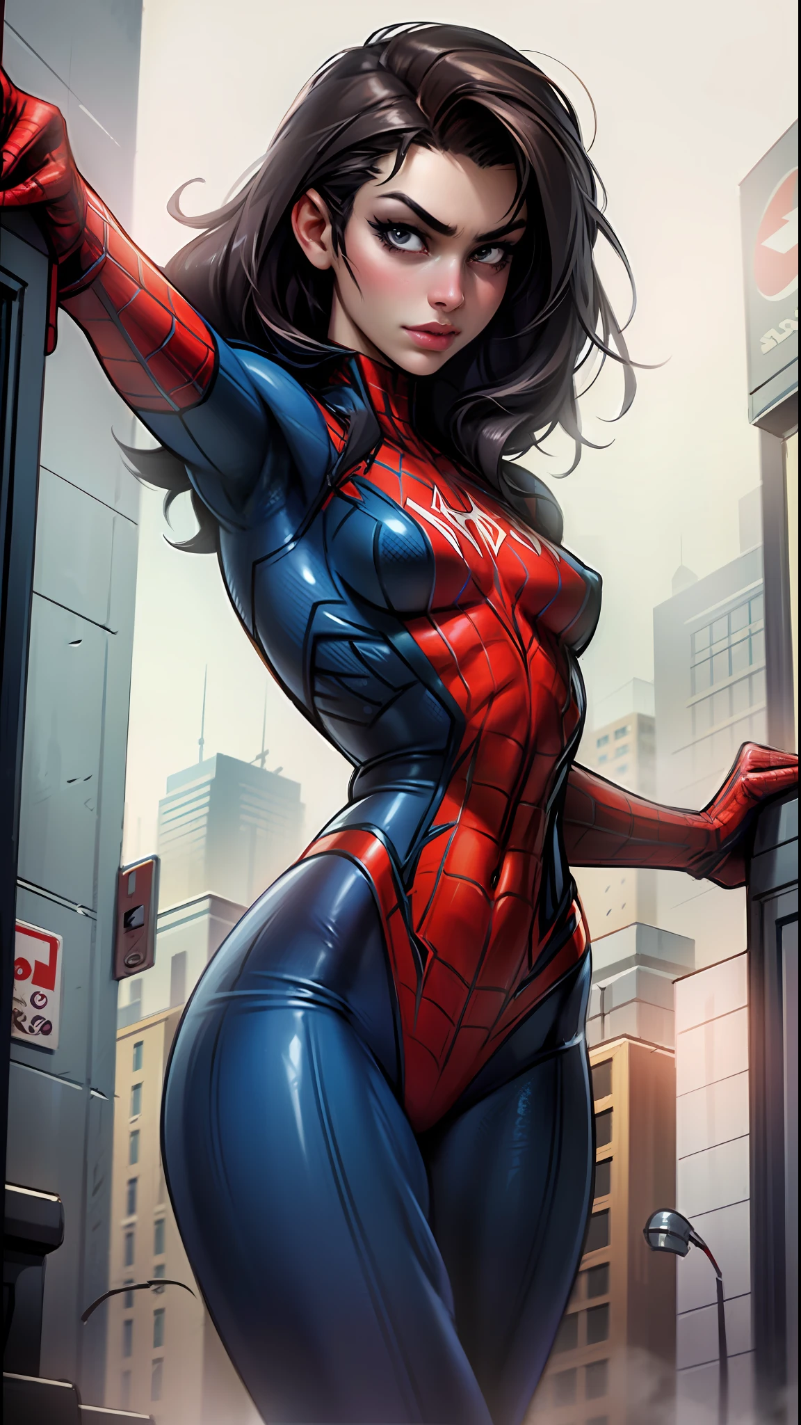 Beautiful woman detailed defined body using spider man cosplay, small breasts