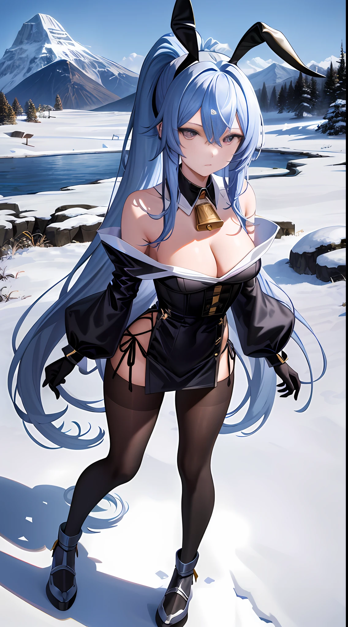 masterpiece, best quality, high resolution, 1girl, blue hair, long hair, extra long hair, ponytail, bangs, inter-eye hair, side hair, ahoge, goat horn, horn, purple eyes, bell, cowbell, neck bell, neck bell, collar, split collar, white collar, off-shoulder, pantyhose, black pantyhose, black pantyhose, bodystocking, long sleeve, pelvic curtain, split sleeve, white ankle sleeve, long sleeve, gold trim, medium chest, gloves, black gloves, ribbon, leg ribbon, leg band,, white footwear, vision ( genshin impact), ganyu\ (genshin impact\), outdoor, snow, mountain, standing, expressionless,