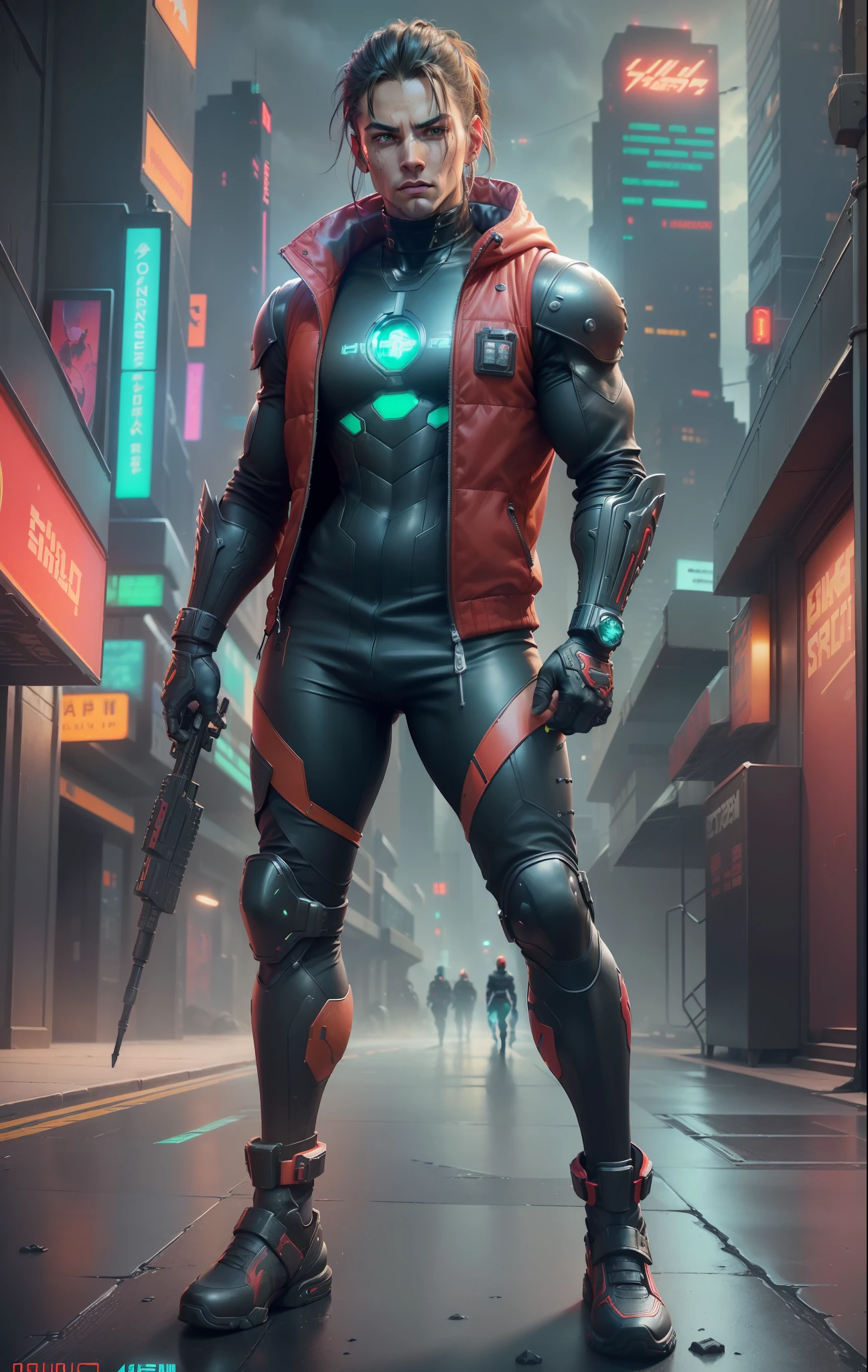 (
(One character, young male character:1.3, strong body:1.4),(dragonborn head:1.4,)
(Pose: full body:1.3, fighting stance)
(Outfit: futuristic black jumpsuit:1.3, ref knee pads, bulletprof red vest:1.4)
(Background: dense cyberpunk street, dive bar, neon holograms in background, dark, ominous, foggy, night, futuristic city, cyberpunk, green and brown color scheme)
(Style: 150mm, beautiful studio soft light, rim light, bright details, luxury cyberpunk, hyperrealistic, anatomical, facial muscles, octane render, H. R. Giger style, 8k, best quality, masterpiece, illustration, extremely detailed, CG, unity, absurdres, incredibly absurdres, photo-realistic:1.37, amazing, fine detail, masterpiece, best quality, official art, vibrant colors)
)