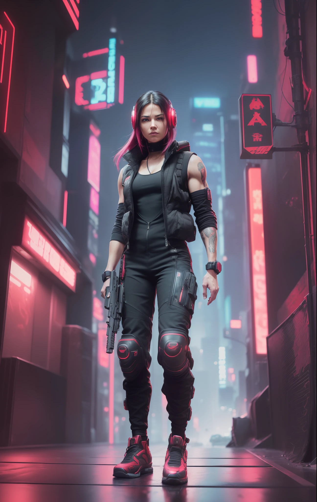 (
    (holding a rifle:1.5, man:1.3, strong body:1.4, angry),(holding a rifle:1.5)
    (Pose: full body:1.3)
(Outfit: futuristix jumpsuit:1.3, knee pads:1.3,  bulletprof vest:1.4)
    (Background: dense cyberpunk street, dive bar, neon holograms in background, dark, ominous, foggy, night, futuristic city, cyberpunk, red color scheme)
    (Style: 150mm, beautiful studio soft light, rim light, bright details, luxury cyberpunk, hyperrealistic, anatomical, facial muscles, octane render, H. R. Giger style, 8k, best quality, masterpiece, illustration, extremely detailed, CG, unity, absurdres, incredibly absurdres, photo-realistic:1.37, amazing, fine detail, masterpiece, best quality, official art, vibrant colors)
)