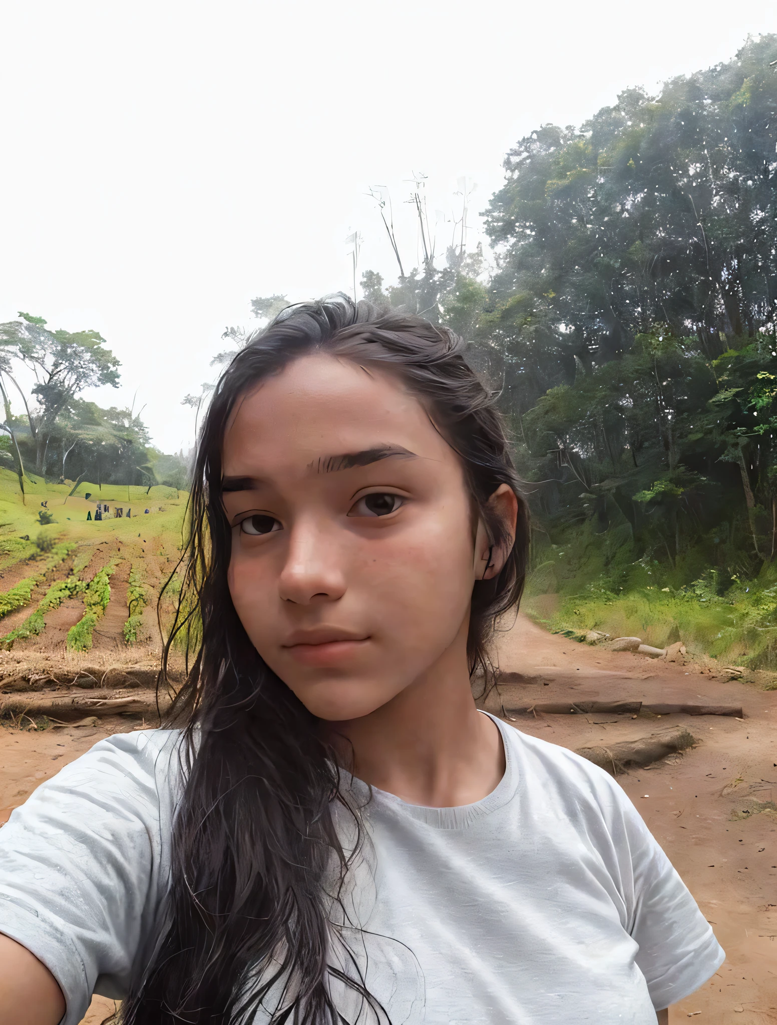 there is a woman taking a selfie in a field, she is about 1 6 years old, around 1 9 years old, 18 years old, monserrat gudiol, selfie photo, selfie of a young woman, she is about 20 years old, she is about 2 0 years old, in front of a forest background, jungles in the background
