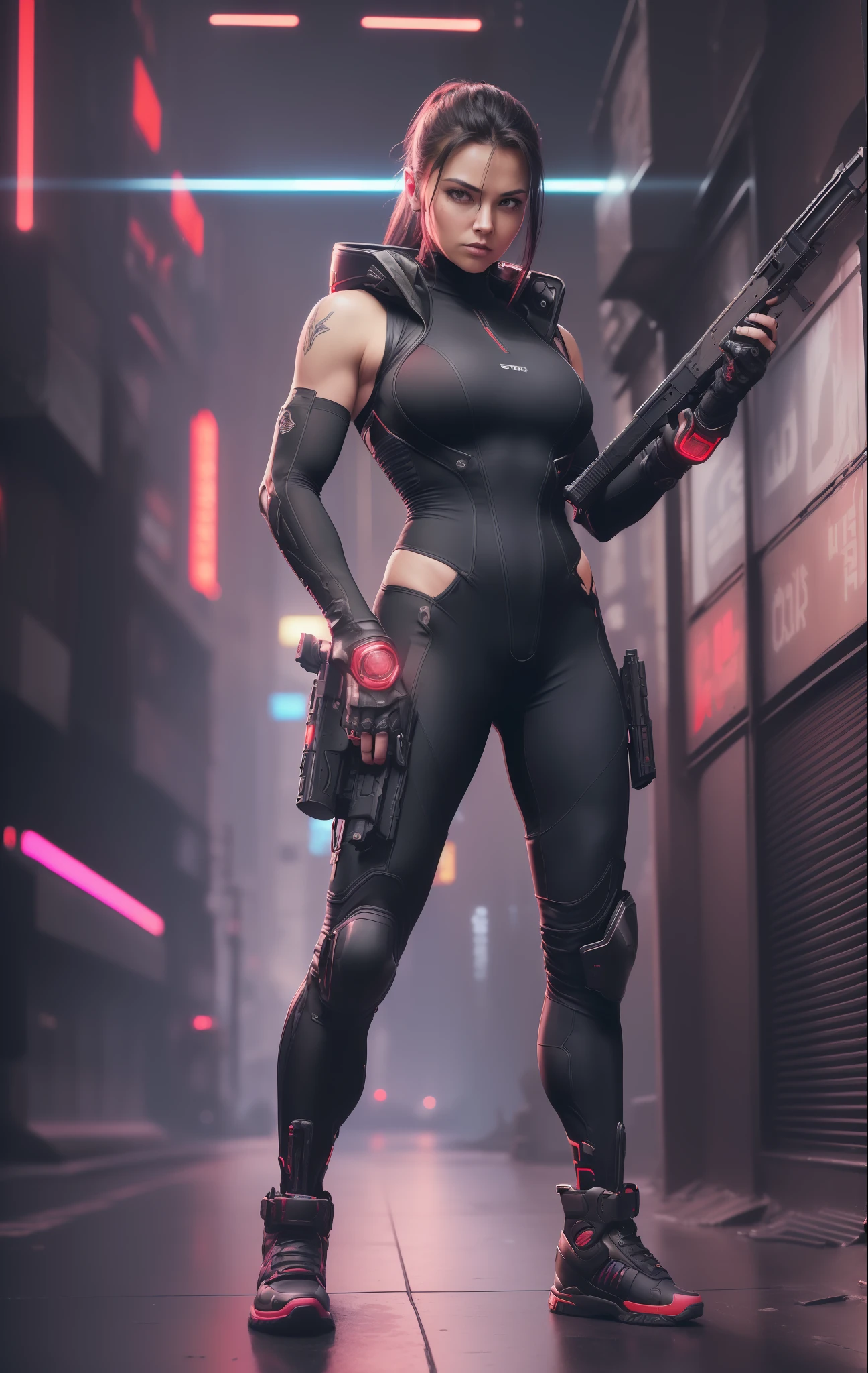(
(holding a rifle:1.5, male:1.3, strong body:1.4, angry),(holding a rifle:1.5)
(Pose: full body:1.3, fighting stance)
(Outfit: futuristix jumpsuit:1.3, knee pads:1.3, bulletprof vest:1.4)
(Background: dense cyberpunk street, dive bar, neon holograms in background, dark, ominous, foggy, night, futuristic city, cyberpunk, red color scheme)
(Style: 150mm, beautiful studio soft light, rim light, bright details, luxury cyberpunk, hyperrealistic, anatomical, facial muscles, octane render, H. R. Giger style, 8k, best quality, masterpiece, illustration, extremely detailed, CG, unity, absurdres, incredibly absurdres, photo-realistic:1.37, amazing, fine detail, masterpiece, best quality, official art, vibrant colors)
)