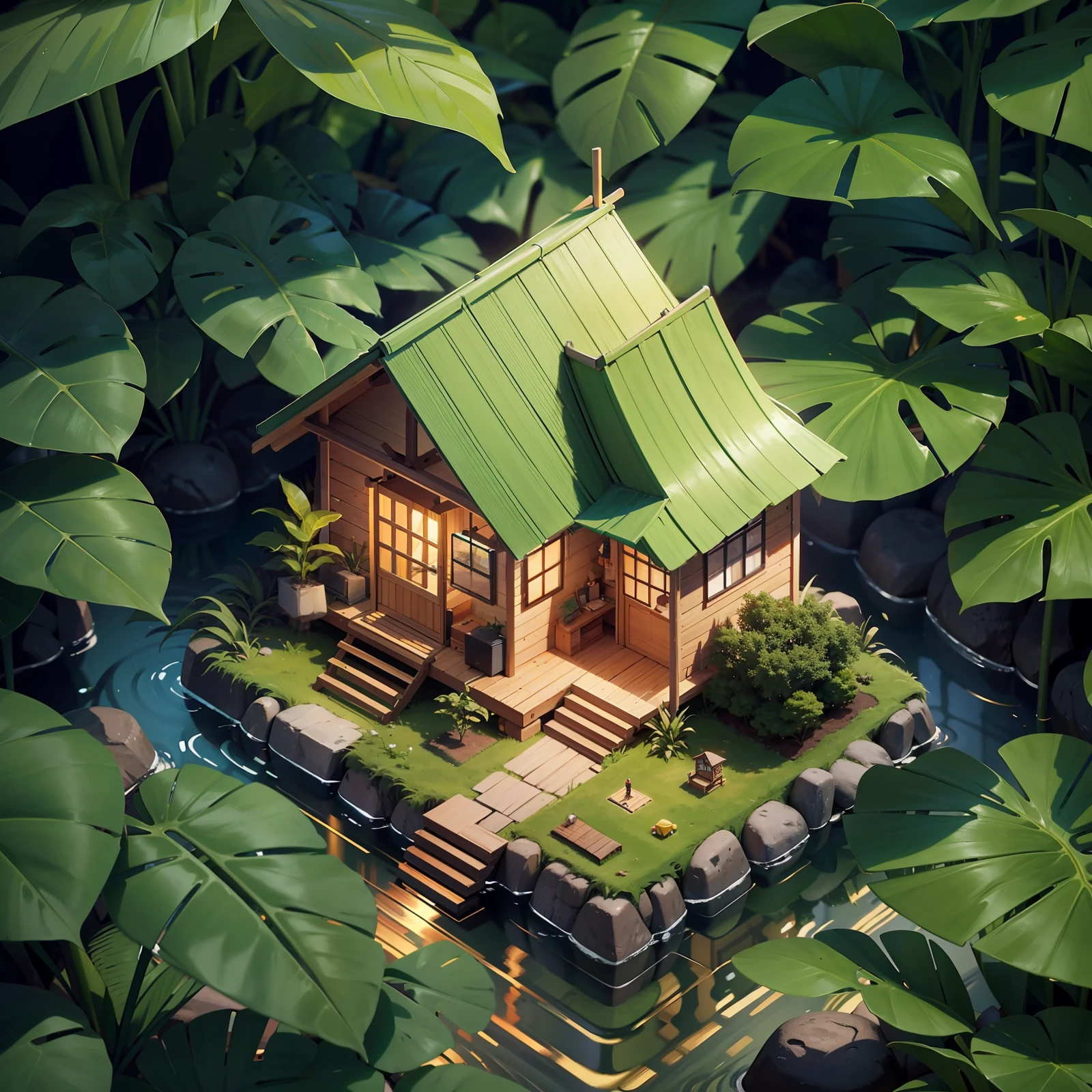 isometric view of a tiny hut on the jungle, modern architecture, cute 3d, detailed, photographed by aksonvady, gold studio, shallow depth of field, studio lighting, octane render, hyper-realistic, anti-aliasing, high quality, reflections, 4k