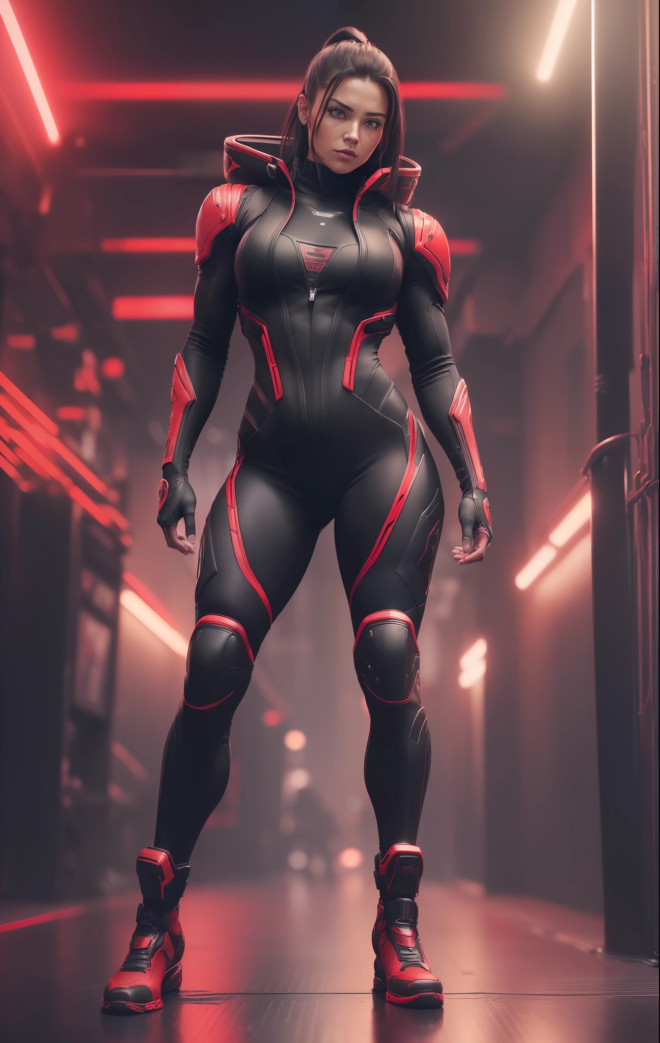 (
(muscular:1.2, male:1.3, strong body:1.4),
(Pose: full body:1.3, fighting stance)
(Outfit: futuristic black jumpsuit:1.3, red knee pads:1.3, red bulletprof vest:1.4)
(Background: dense cyberpunk street, dive bar, neon holograms in background, dark, ominous, foggy, night, futuristic city, cyberpunk, red color scheme)
(Style: 150mm, beautiful studio soft light, rim light, bright details, luxury cyberpunk, hyperrealistic, anatomical, facial muscles, octane render, H. R. Giger style, 8k, best quality, masterpiece, illustration, extremely detailed, CG, unity, absurdres, incredibly absurdres, photo-realistic:1.37, amazing, fine detail, masterpiece, best quality, official art, vibrant colors)
)