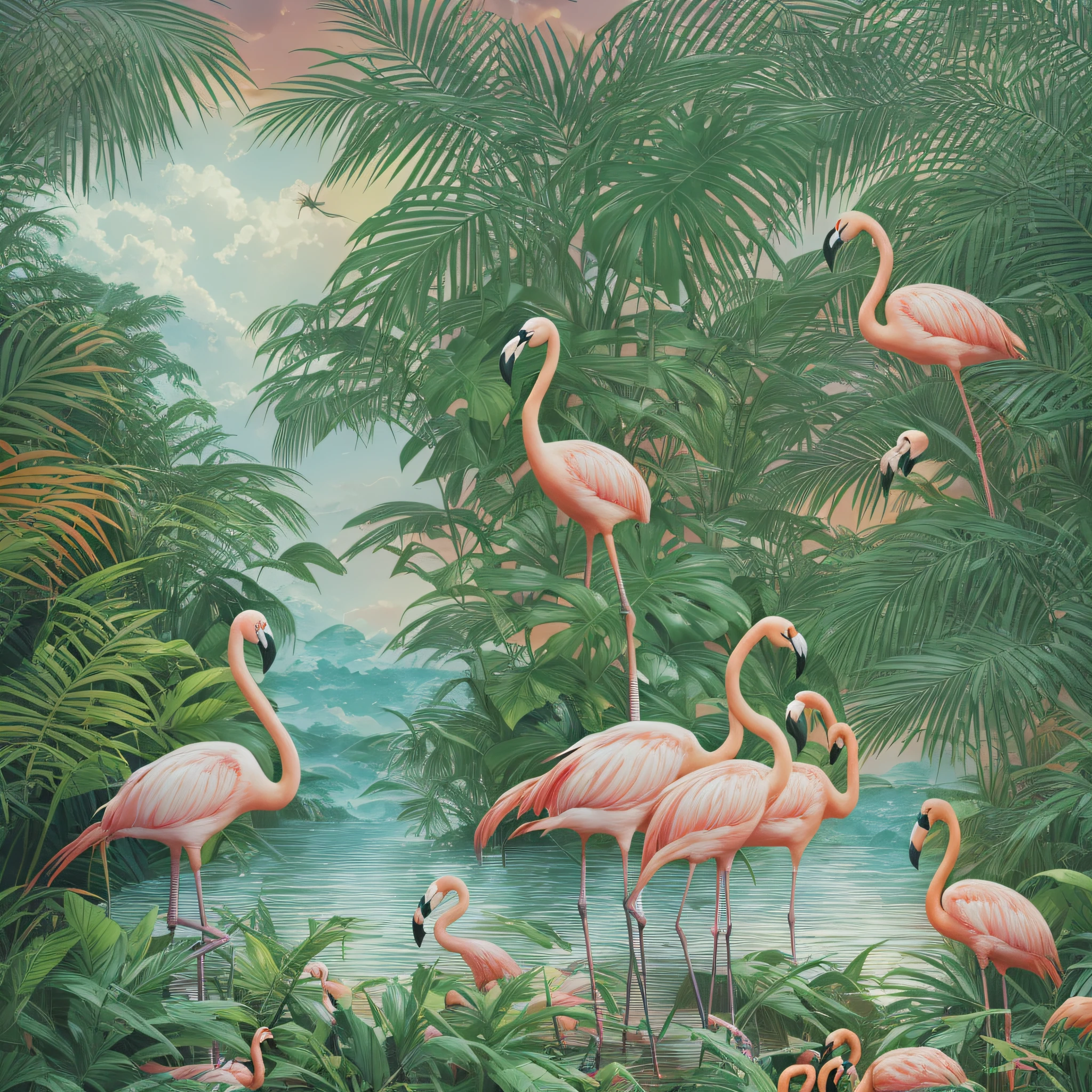 flamingos are standing on grass near a body of water, tropical macaws, tropical paradise, tropical atmosphere, by David B. Mattingly, tropical landscape, hildebrandt, jim warren, tropical, flamingos, mysterious jungle painting, flamingos, tropical background, tropical jungle, amazing background, jungle scene, by Brian Thomas, background art, darrell k sweet