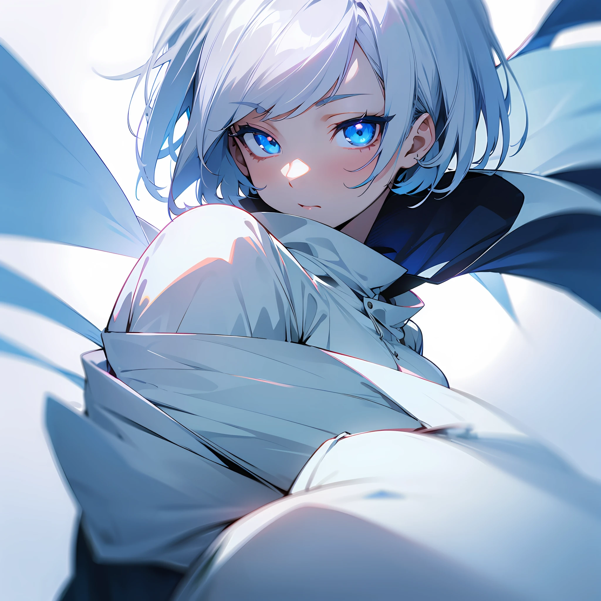 white skin, ultra beautiful face, breasts, breasts covering, hentai, ambient light, hentai pessonage, anime, short haired girl, silver white, blue eyes, gorgeous eyes, shy. , Maximum quality.