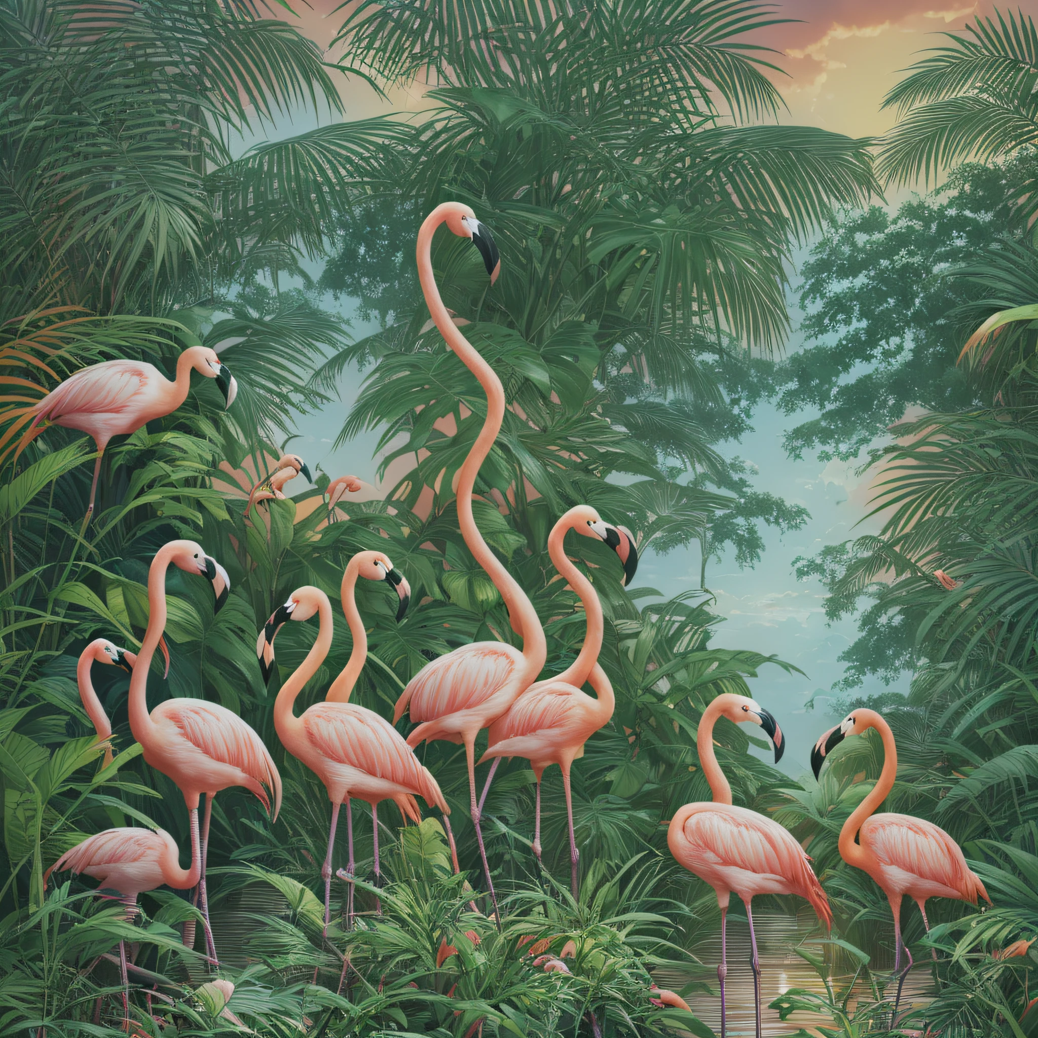 flamingos are standing on grass near a body of water, tropical macaws, tropical paradise, tropical atmosphere, by David B. Mattingly, tropical landscape, hildebrandt, jim warren, tropical, flamingos, mysterious jungle painting, flamingos, tropical background, tropical jungle, amazing background, jungle scene, by Brian Thomas, background art, darrell k sweet