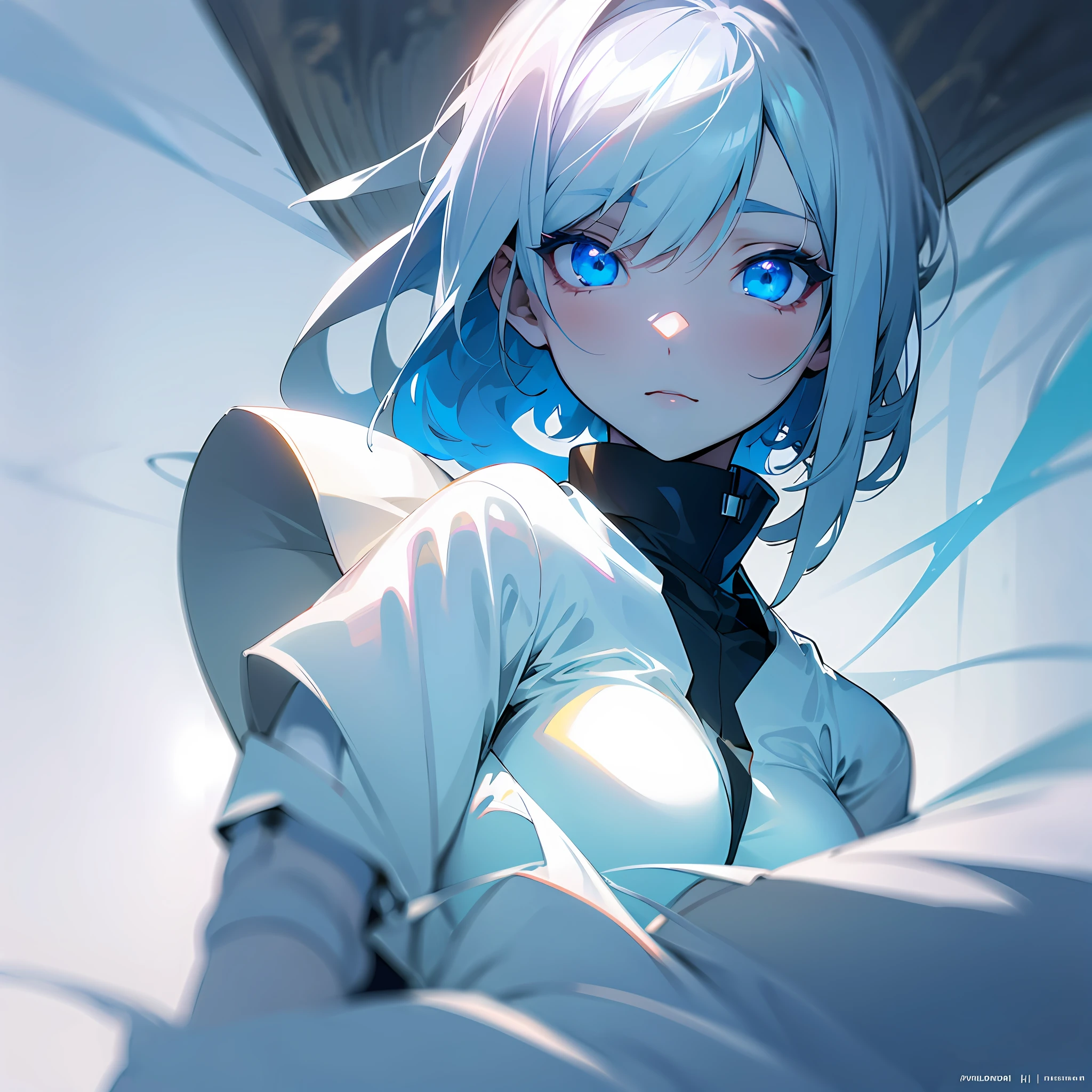 white skin, ultra beautiful face, breasts, breasts covering, hentai, ambient light, hentai pessonage, anime, short haired girl, silver white, blue eyes, gorgeous eyes, shy. , Maximum quality.