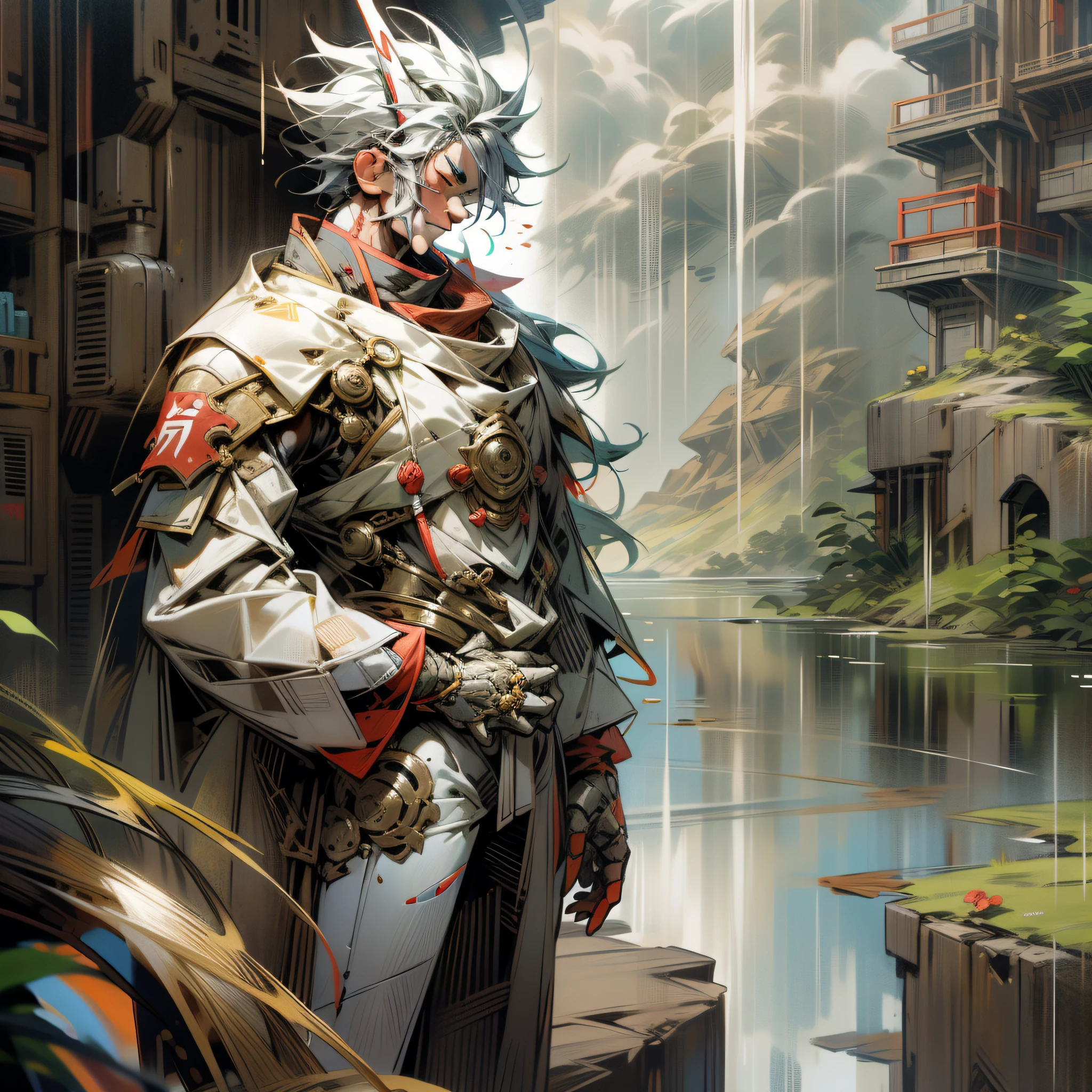 Li Bai was wearing a red and white mecha costume and stood on a still waterhole mountain