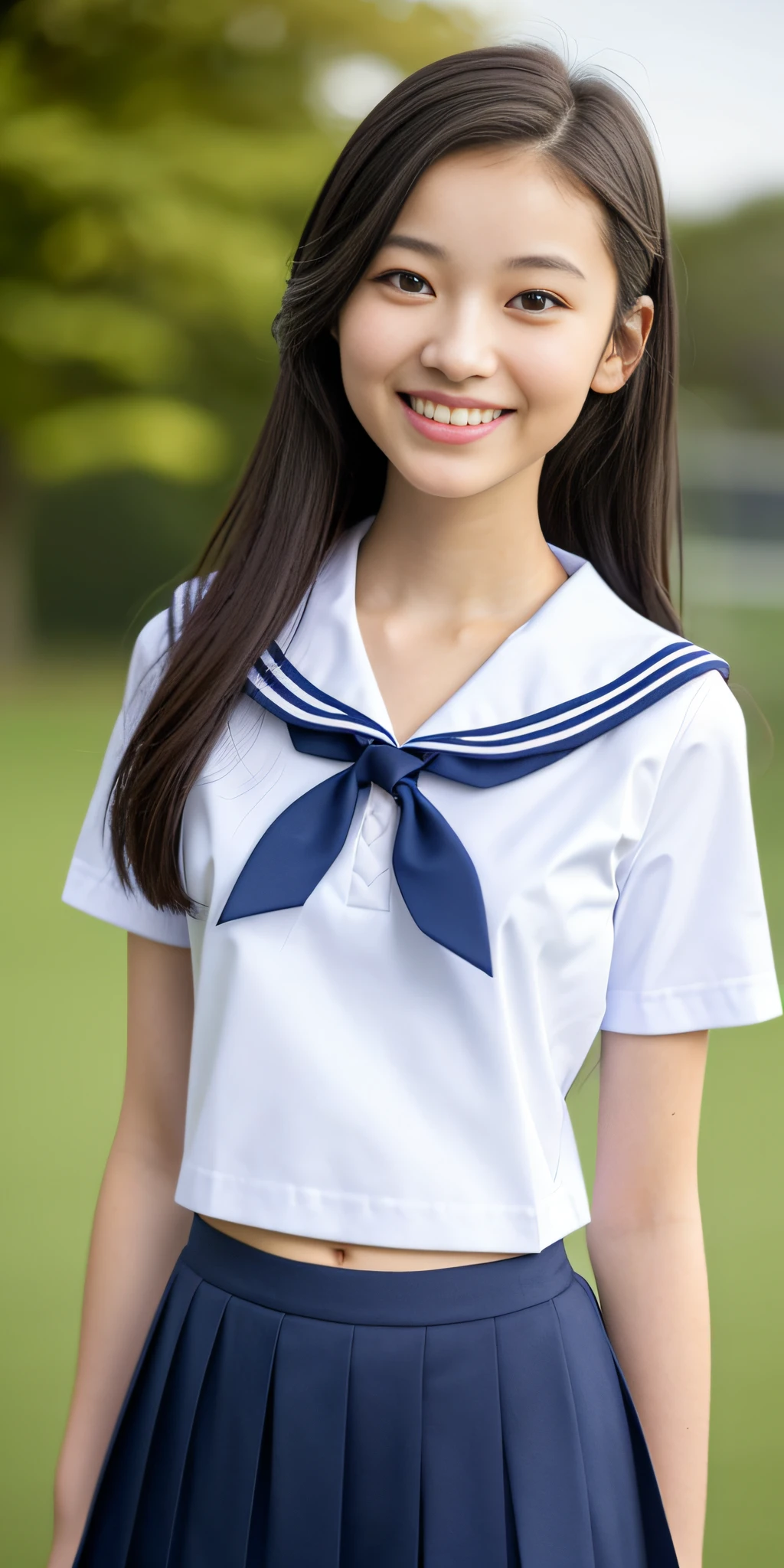 neat college girl, (school uniform, sailor uniform, ribbon tied at chest, summer clothes, upper body white, skirt dark blue, short sleeves), outside the athletic field, (slim), photorealistic, detail, skin texture, ultra detail, delicate and sexy collarbone, smile, super detailed face, detailed lips, detailed eyes, double eyelids, small breasts, small breasts, small, flat breasts, breast emphasis