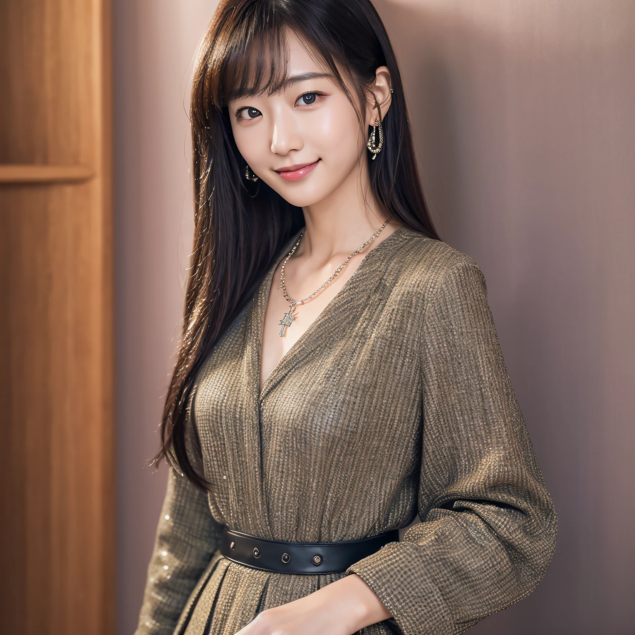 (Best quality, 8k, 32k, Masterpiece, UHD:1.2),Photo of Pretty Japanese woman,(detailed face:1.1), simple black suit, looking at viewer,upper body,necklace,dress shirt,smile,skirt --auto --s2